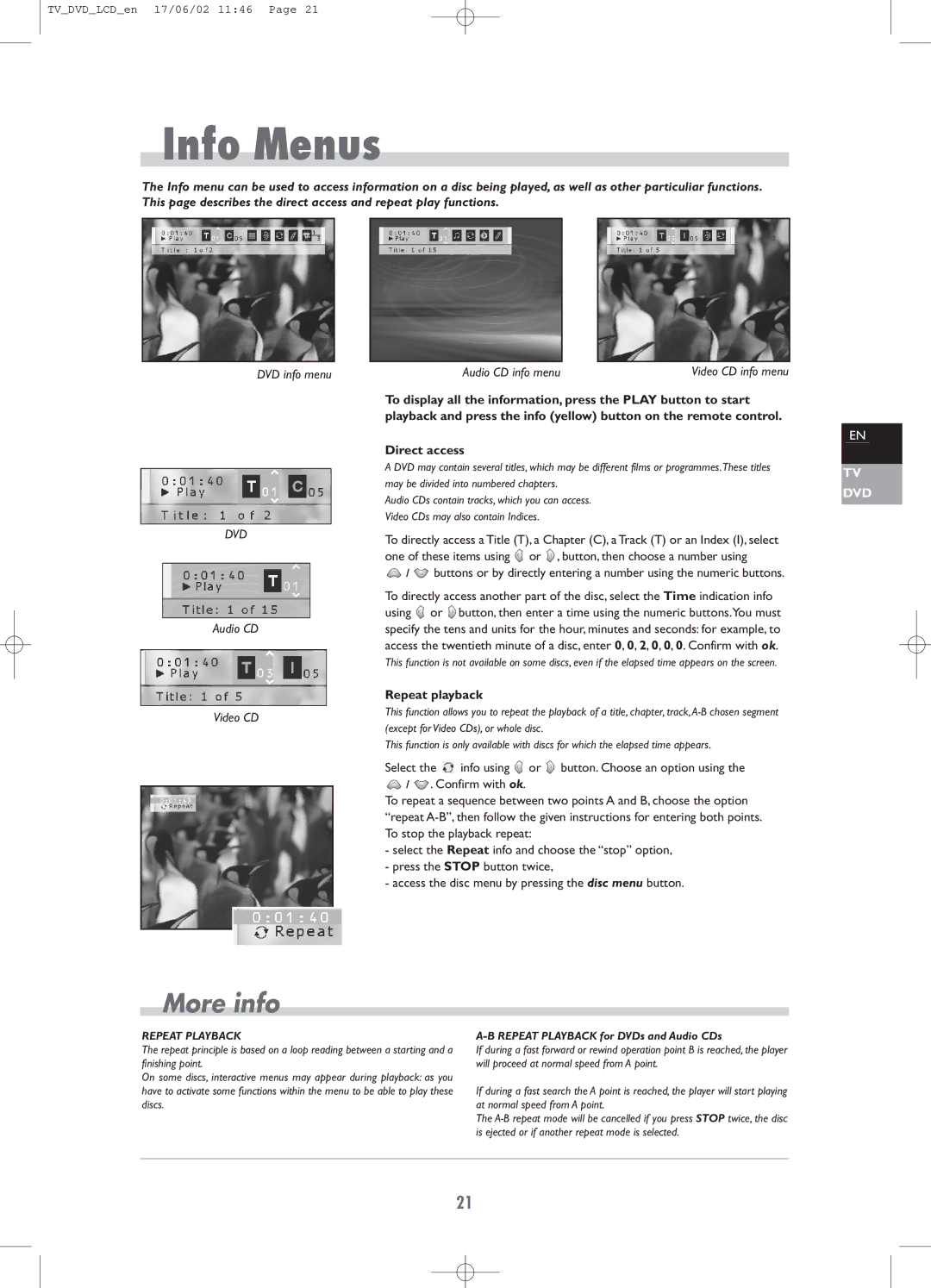 Technicolor - Thomson TV/DVD Combo manual Info Menus, Repeat playback, Repeat Playback for DVDs and Audio CDs 