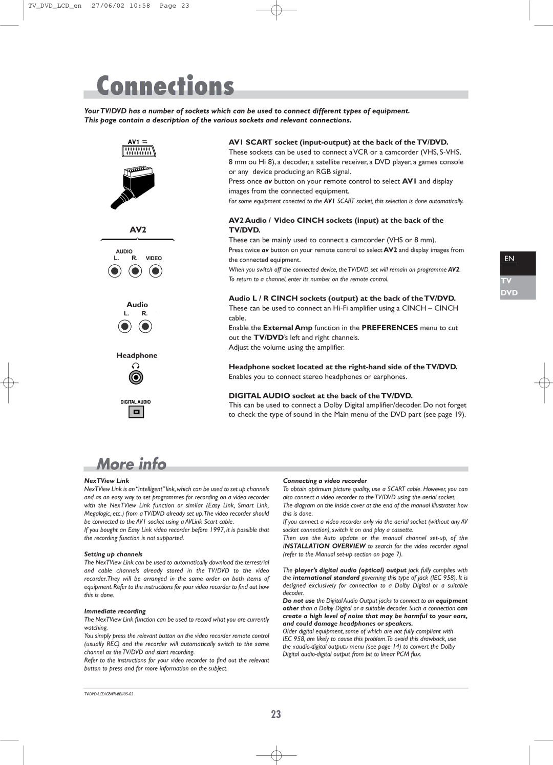 Technicolor - Thomson TV/DVD Combo manual Connections, AV1 Scart socket input-output at the back of the TV/DVD 