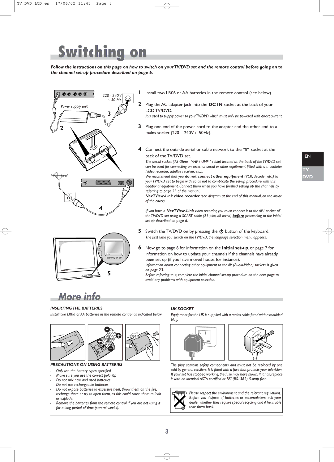 Technicolor - Thomson TV/DVD Combo manual Switching on, Inserting the Batteries, Precautions on Using Batteries, UK Socket 