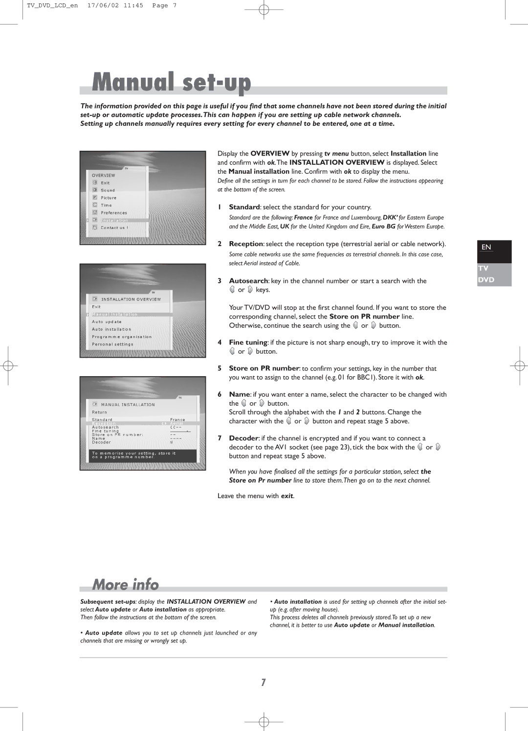 Technicolor - Thomson TV/DVD Combo Manual set-up, Standard select the standard for your country, Leave the menu with exit 