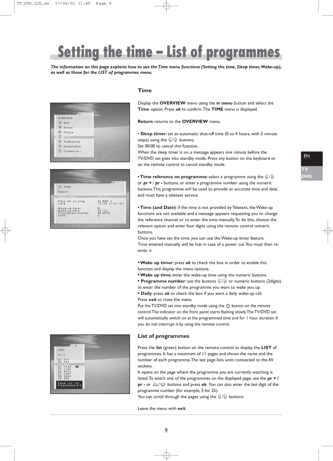 Technicolor - Thomson TV/DVD Combo manual Time, List of programmes 