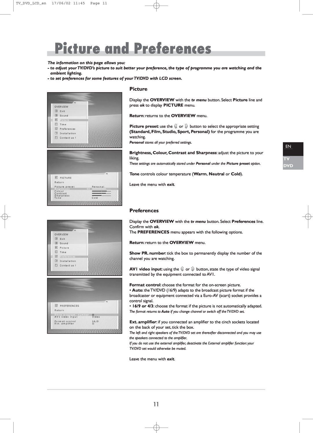 Technicolor - Thomson TV/DVD Combo manual Picture and Preferences, The information on this page allows you, Tv Dvd 