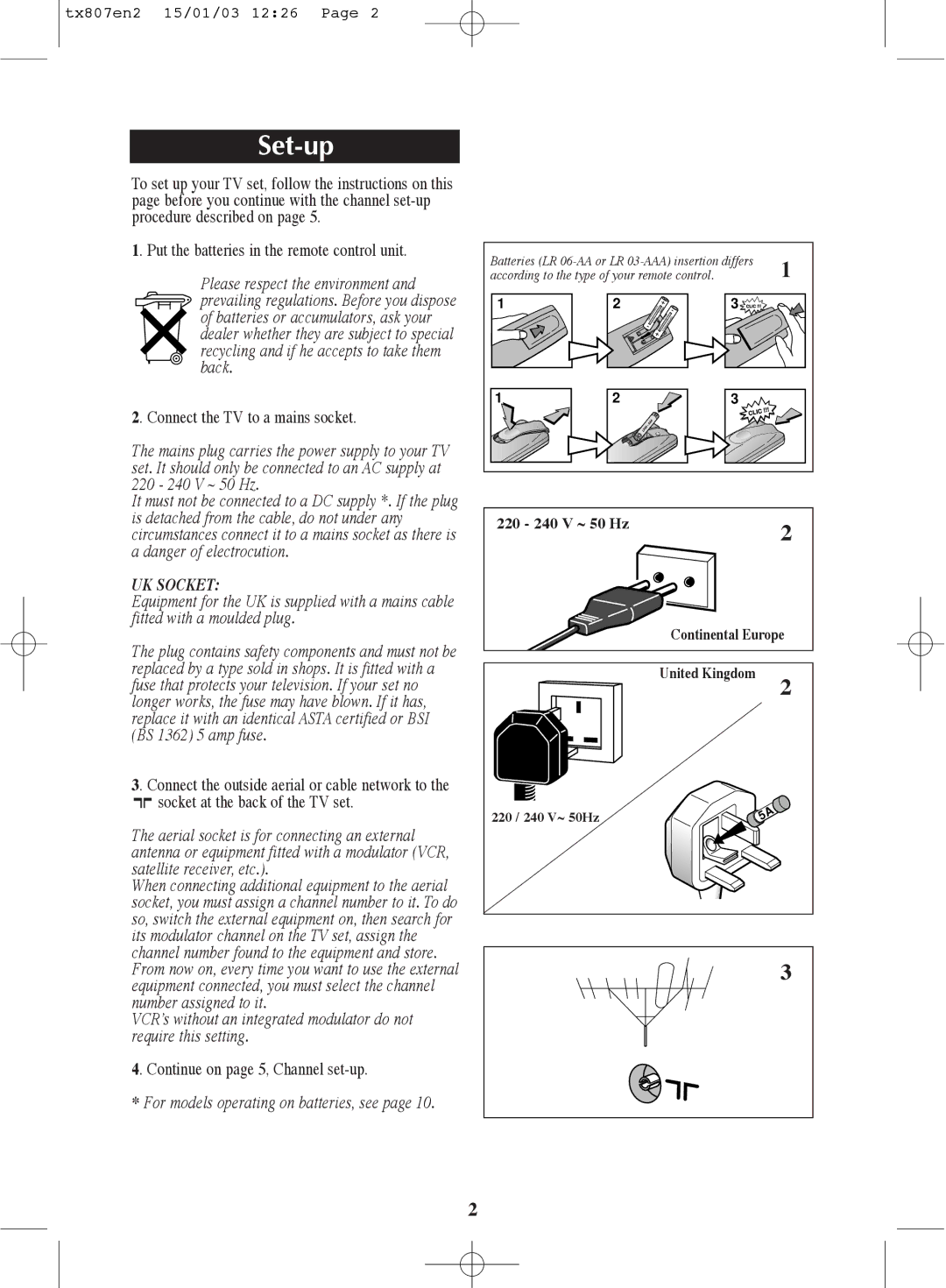 Technicolor - Thomson TX807C manual Set-up, Please respect the environment, For models operating on batteries, see 