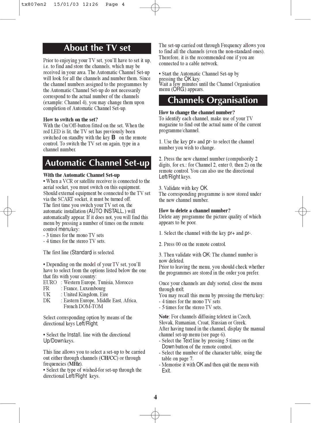 Technicolor - Thomson TX807C manual About the TV set, Channels Organisation 