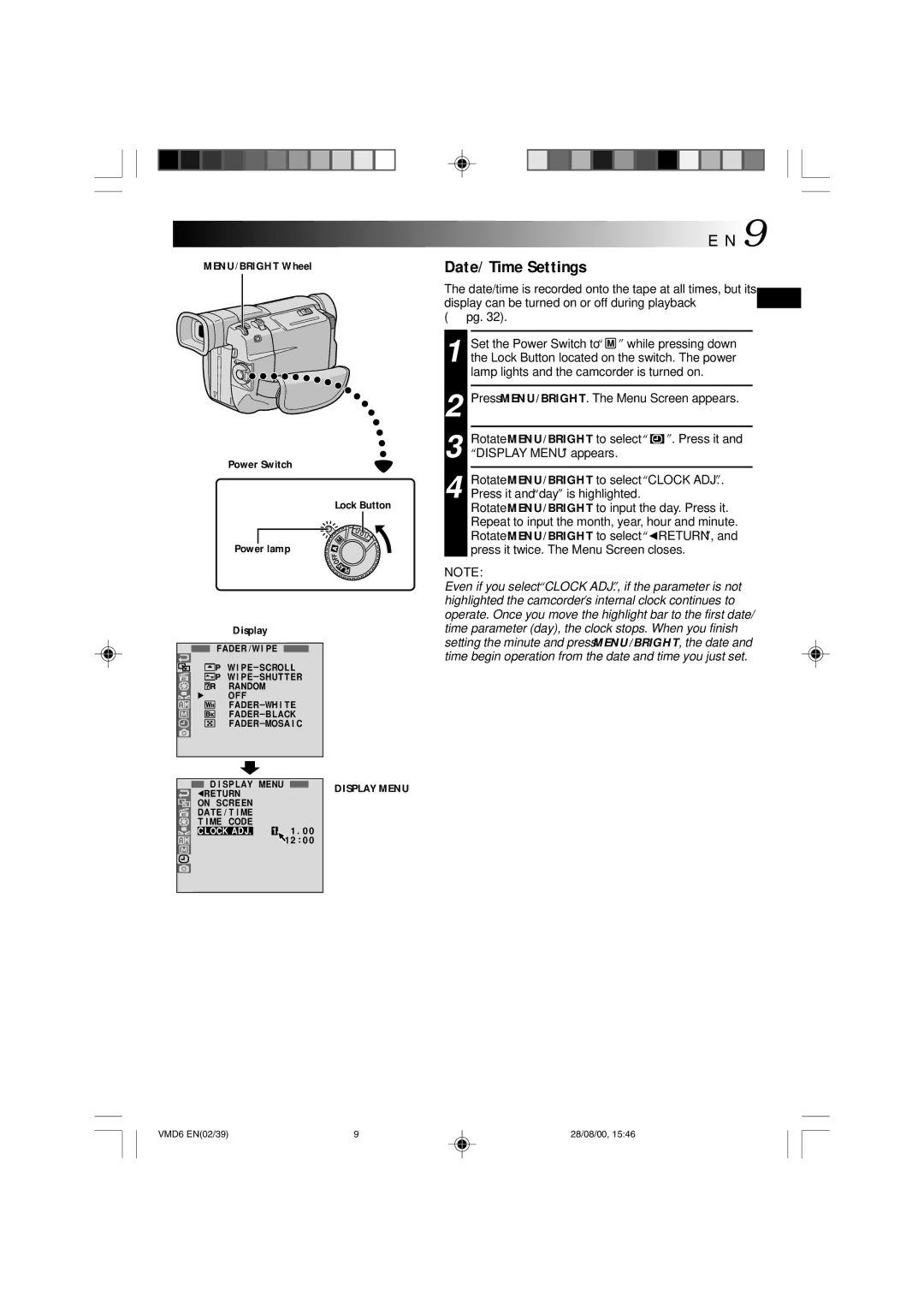 Technicolor - Thomson VMD 6 user manual Date/Time Settings, Press MENU/BRIGHT. The Menu Screen appears, Lock Button 