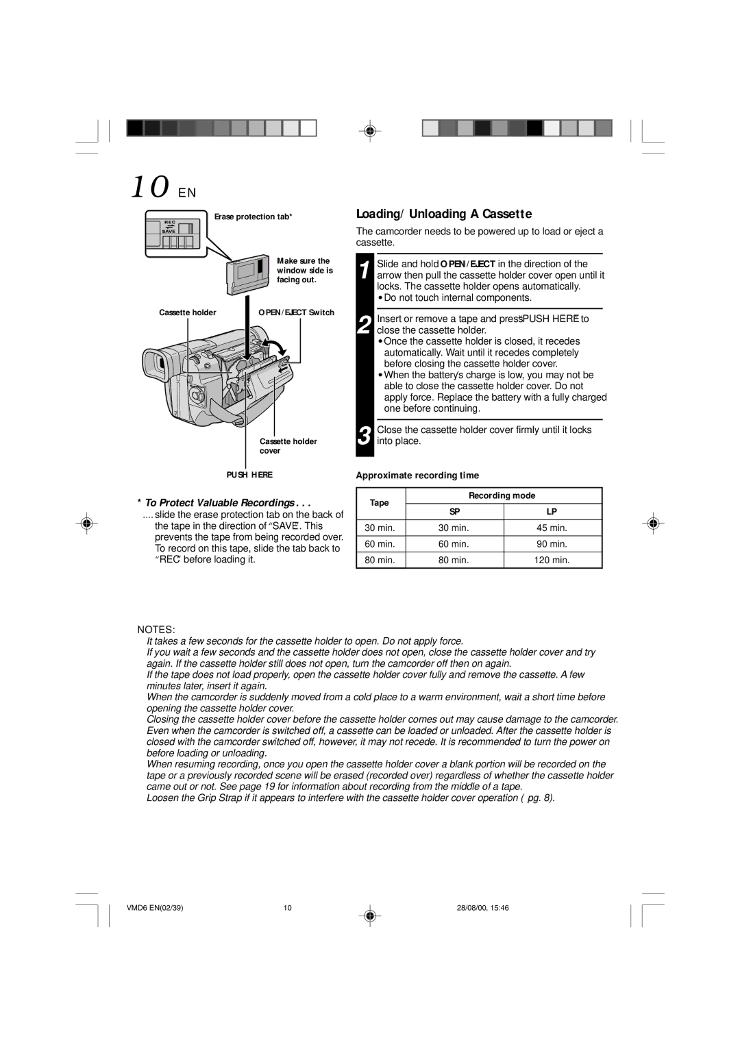 Technicolor - Thomson VMD 6 user manual 10 EN, Loading/Unloading a Cassette, Erase protection tab, Cassette holder 