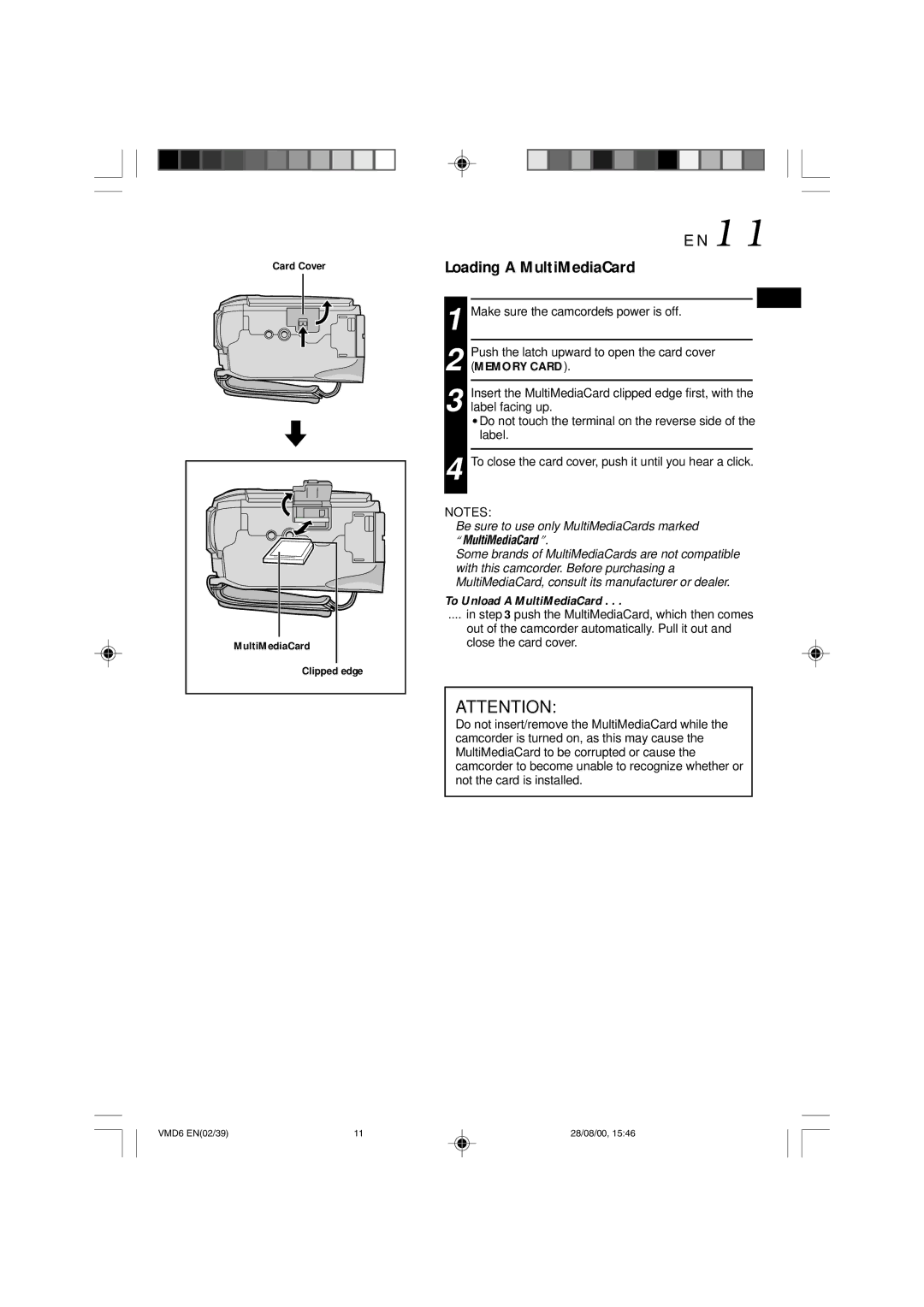 Technicolor - Thomson VMD 6 user manual Loading a MultiMediaCard, To Unload a MultiMediaCard, Card Cover 