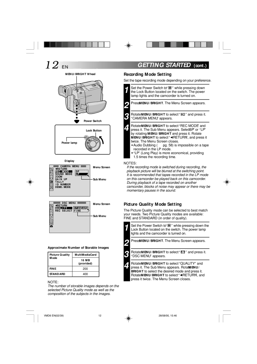 Technicolor - Thomson VMD 6 user manual 12 EN, Recording Mode Setting, Picture Quality Mode Setting 