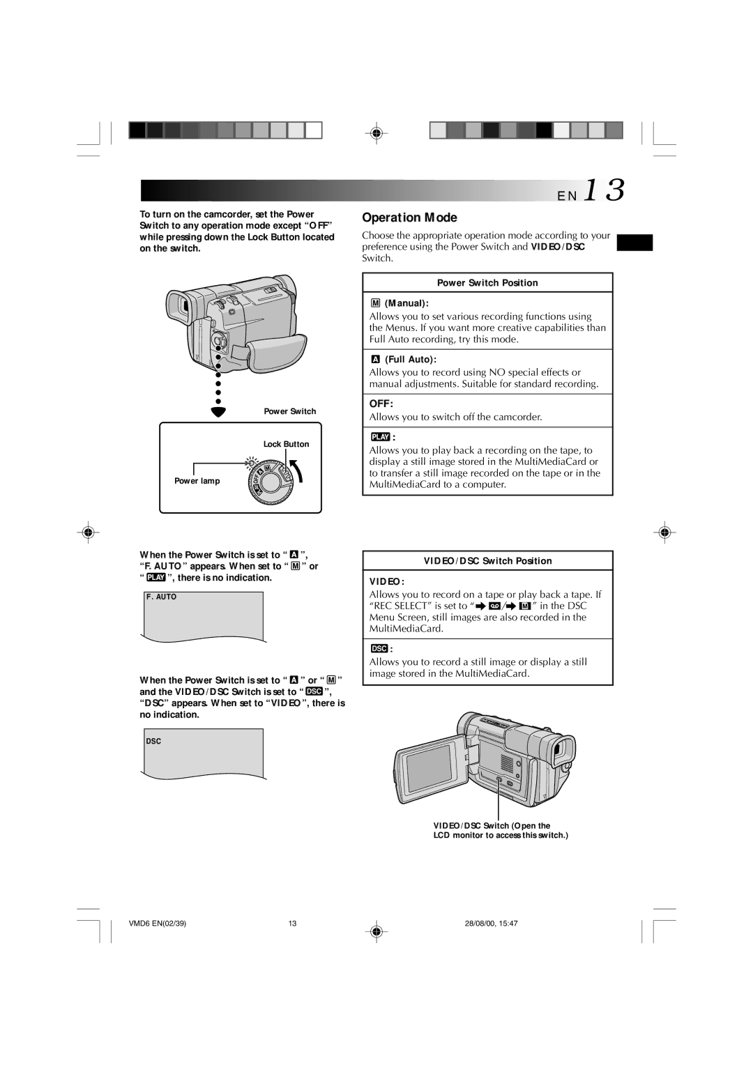 Technicolor - Thomson VMD 6 user manual Operation Mode, Power Switch Position Manual, Full Auto, There is no indication 