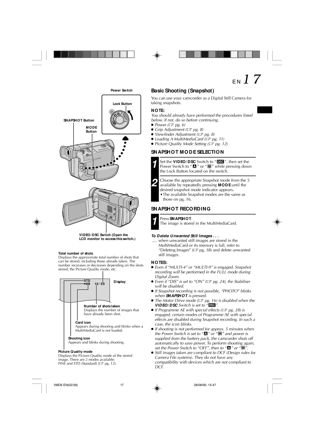 Technicolor - Thomson VMD 6 user manual Basic Shooting Snapshot, Available Snapshot modes are the same as those on pg 