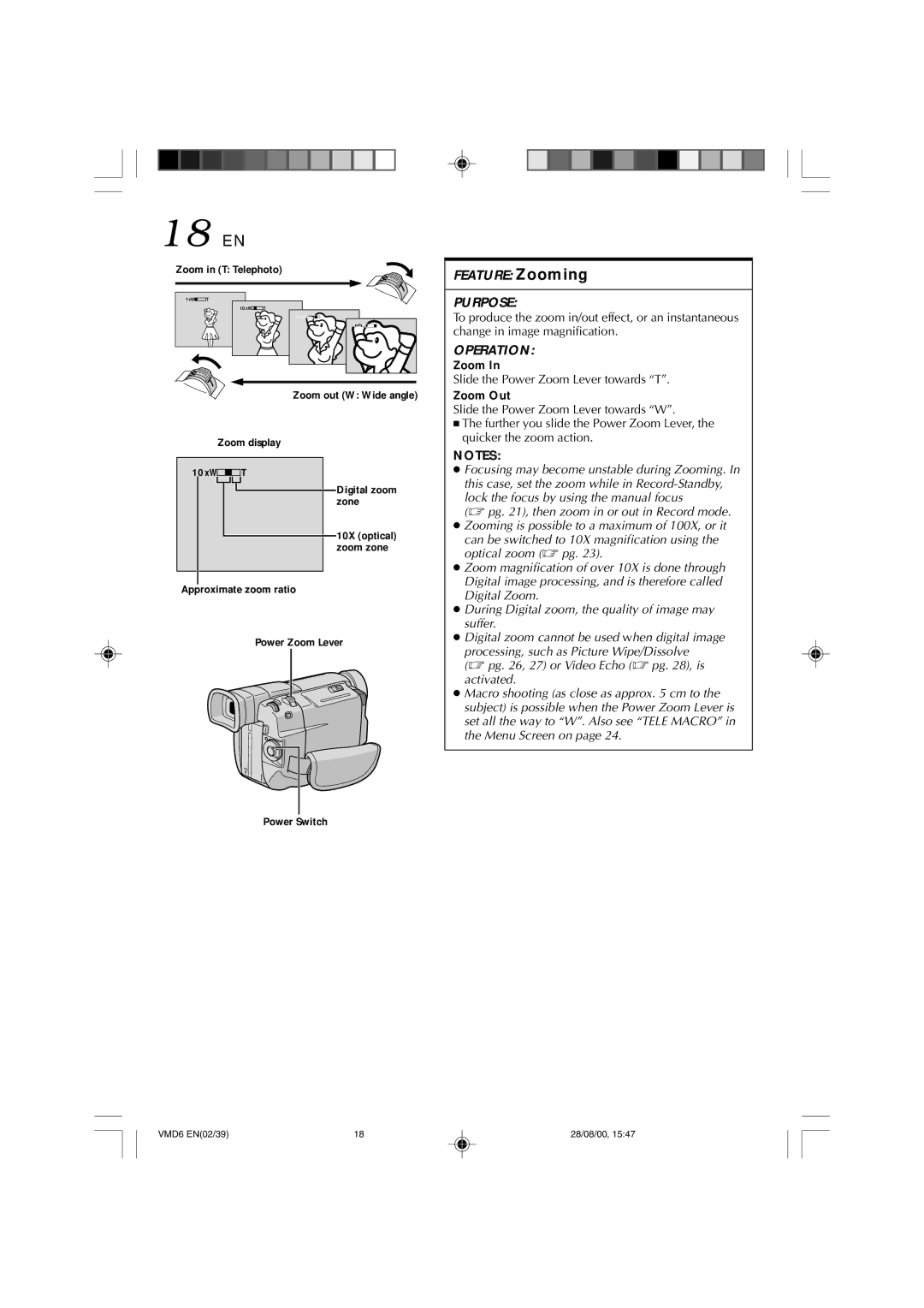 Technicolor - Thomson VMD 6 user manual 18 EN, Slide the Power Zoom Lever towards T, Zoom Out 