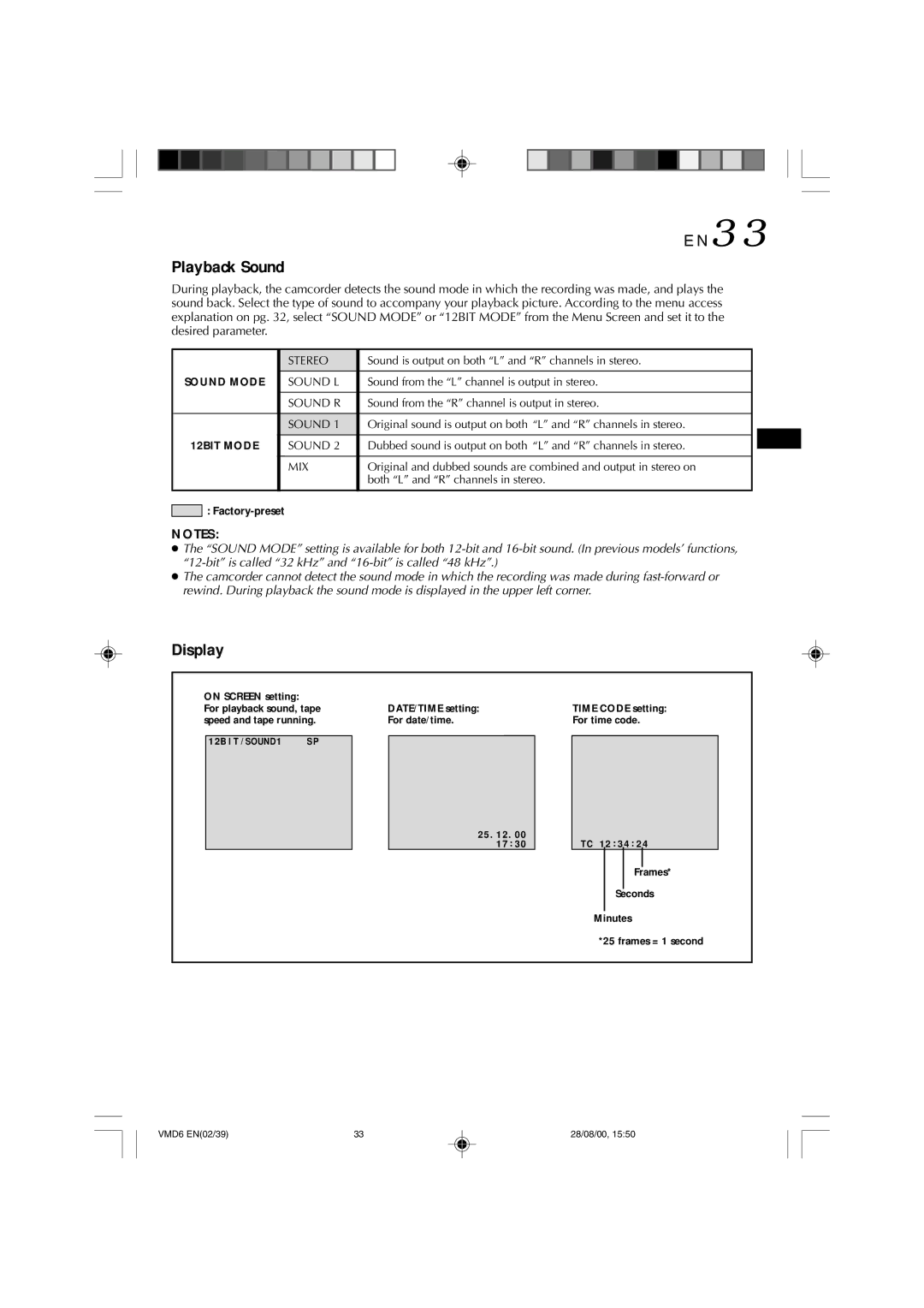 Technicolor - Thomson VMD 6 user manual Playback Sound, Display, DATE/TIME setting, For date/time For time code 