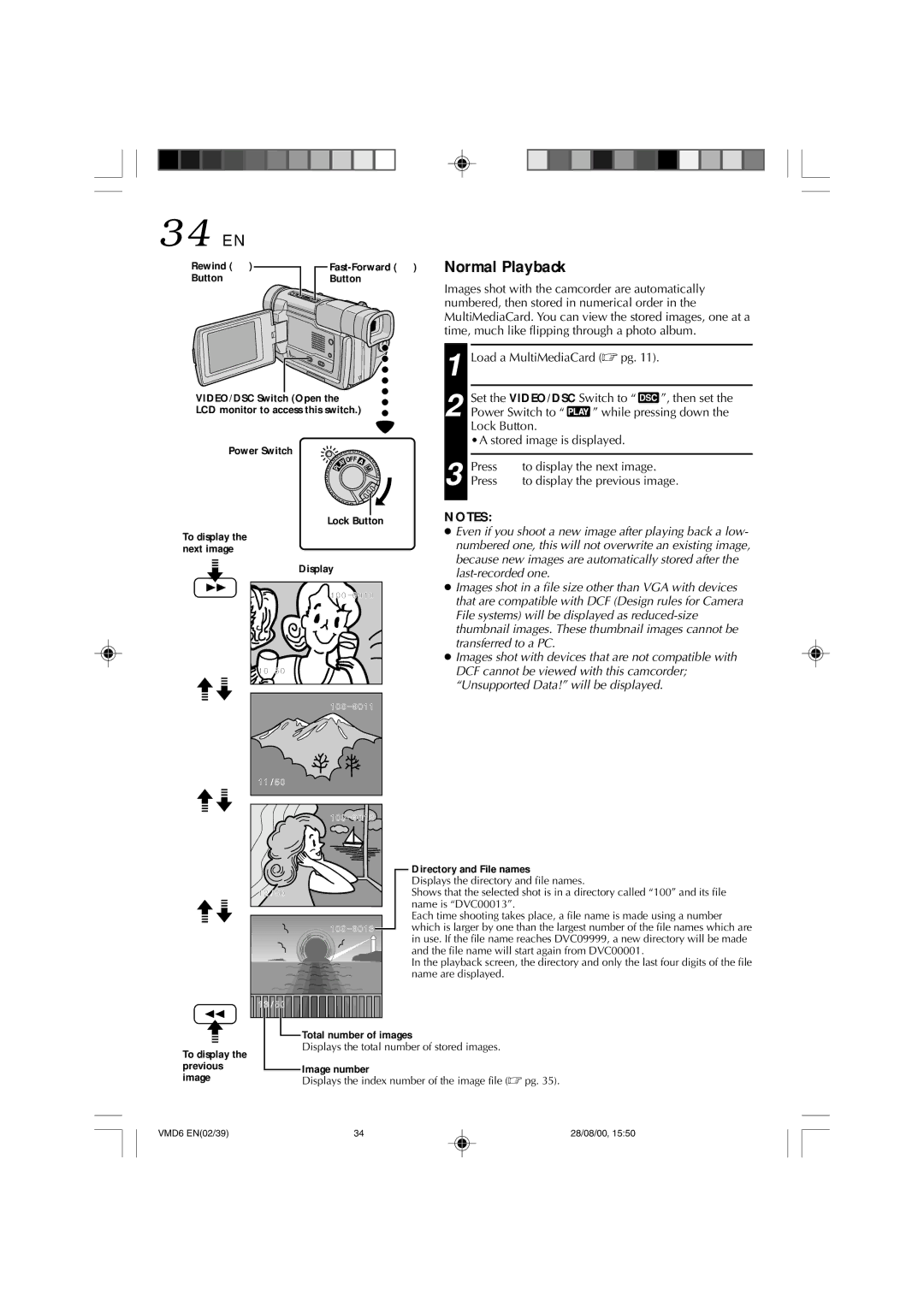 Technicolor - Thomson VMD 6 user manual 34 EN, Playback Basic Playback For D.S.C, Normal Playback, Power Switch to 