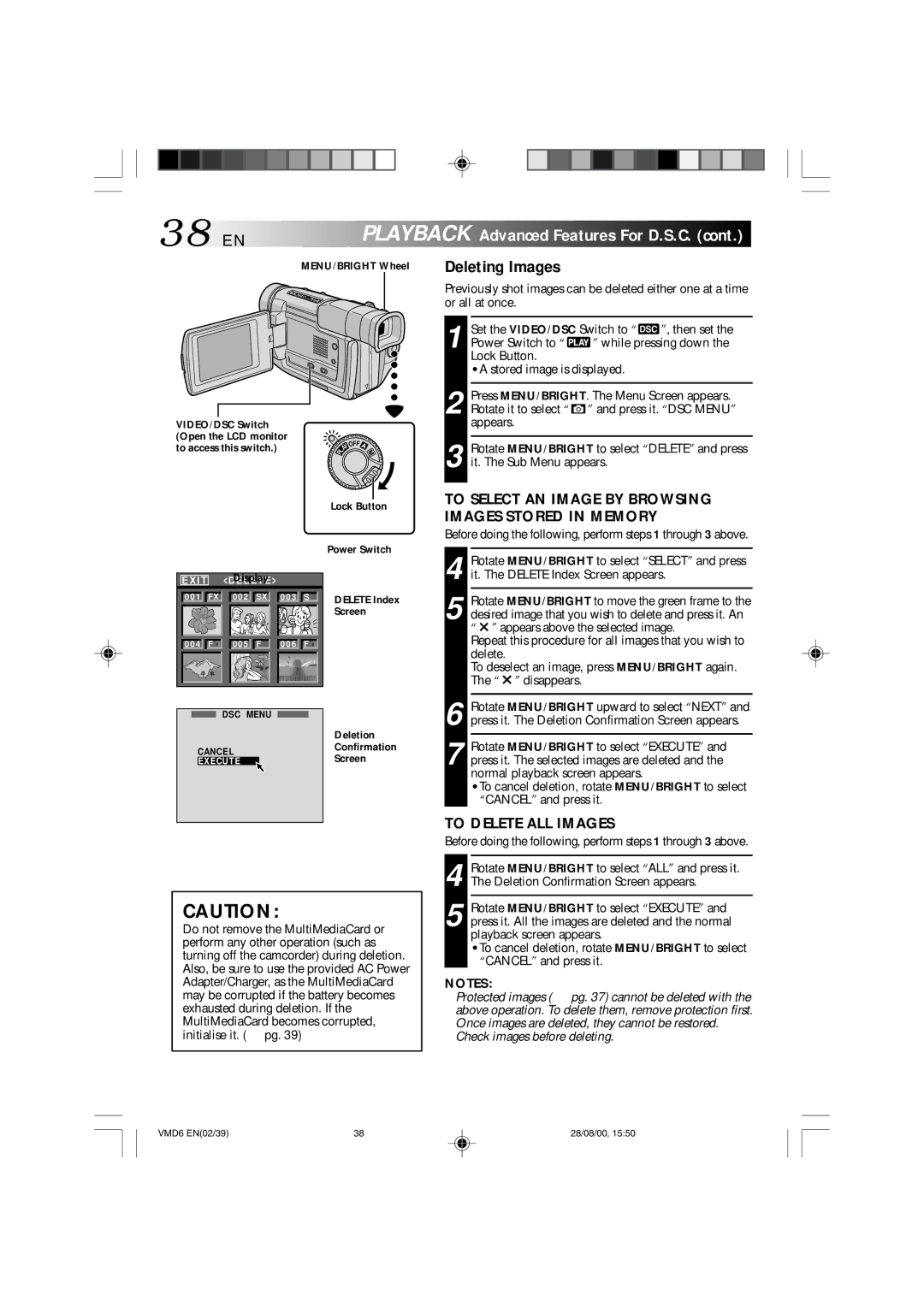 Technicolor - Thomson VMD 6 user manual To Delete ALL Images, MENU/BRIGHT Wheel Deleting Images, Deletion, Screen 