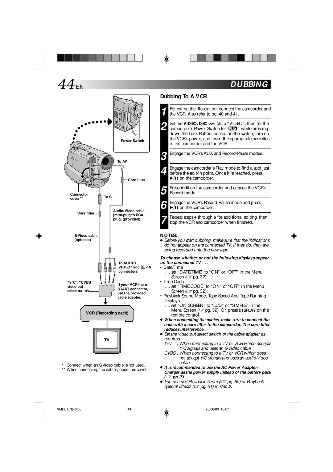 Technicolor - Thomson VMD 6 user manual 44 EN, Dubbing To a VCR, VCR Recording deck 