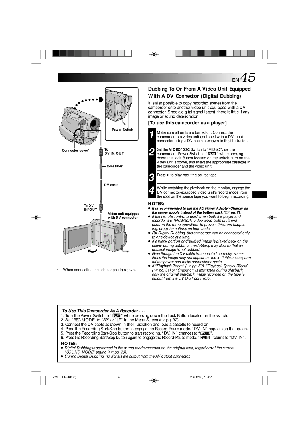 Technicolor - Thomson VMD 6 user manual EN45, To use this camcorder as a player 