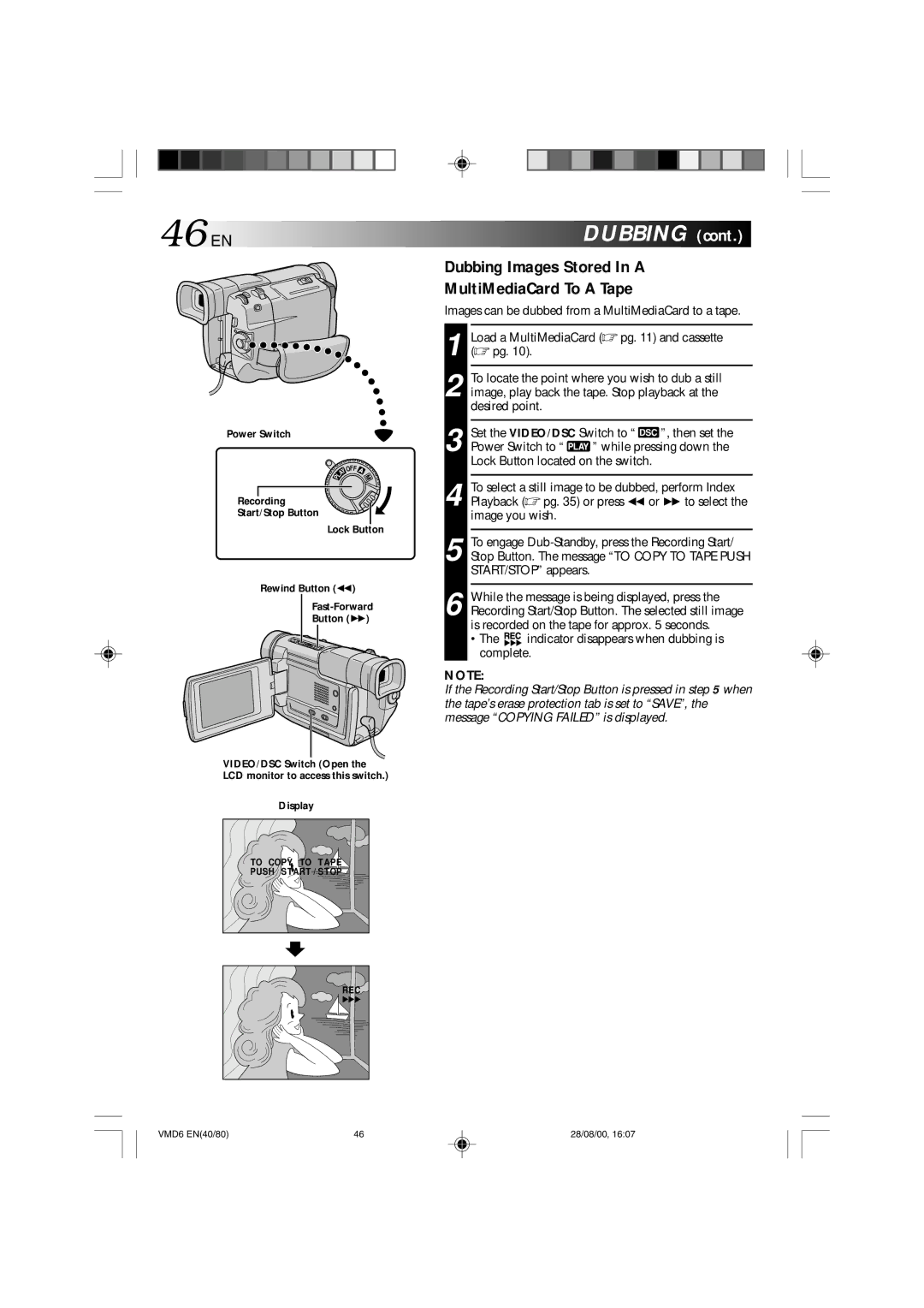 Technicolor - Thomson VMD 6 46 EN, Dubbing Images Stored In a MultiMediaCard To a Tape, Rewind Button Fast-Forward, 444 