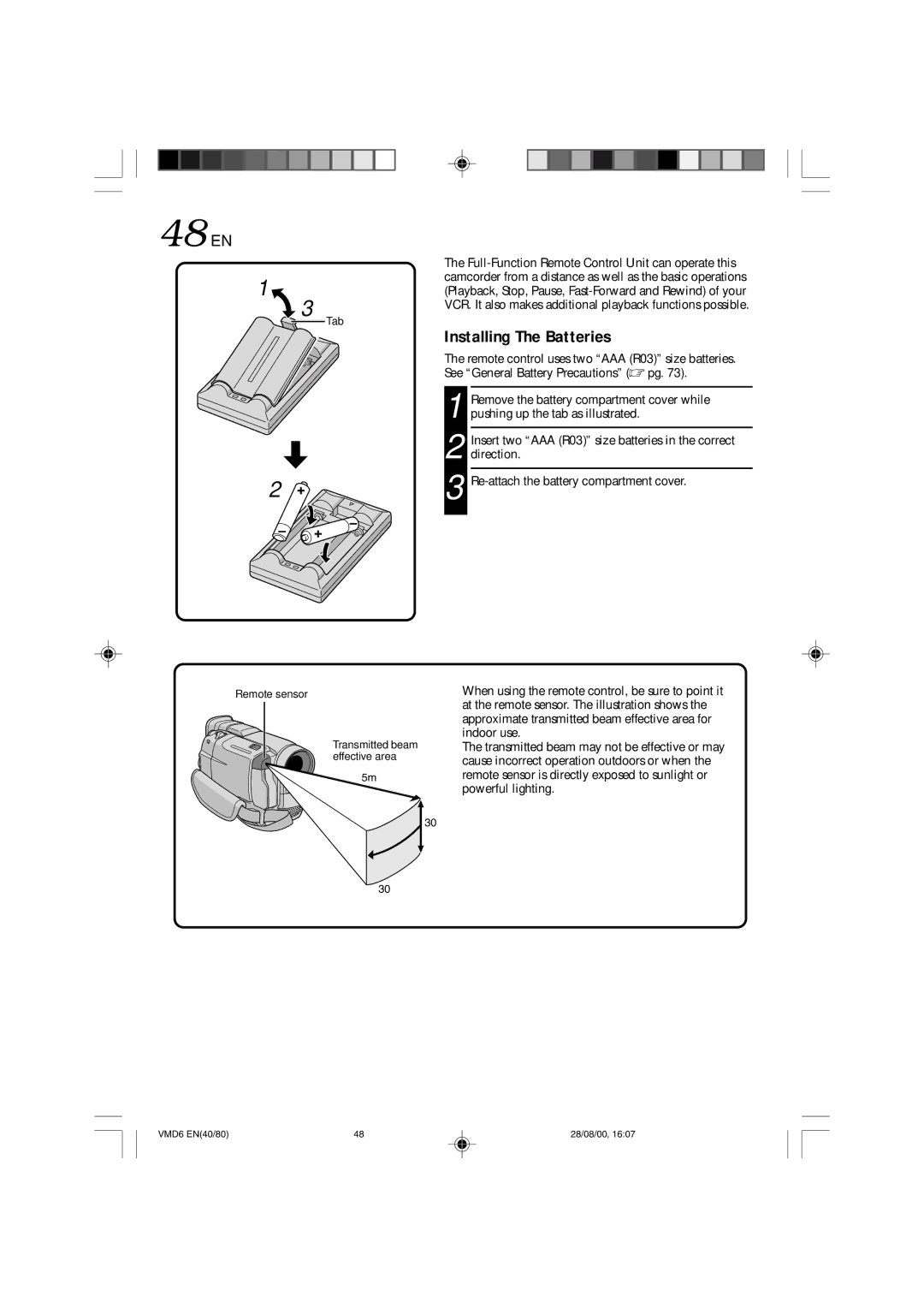 Technicolor - Thomson VMD 6 user manual 48 EN, Installing The Batteries, Tab, Remote sensor 