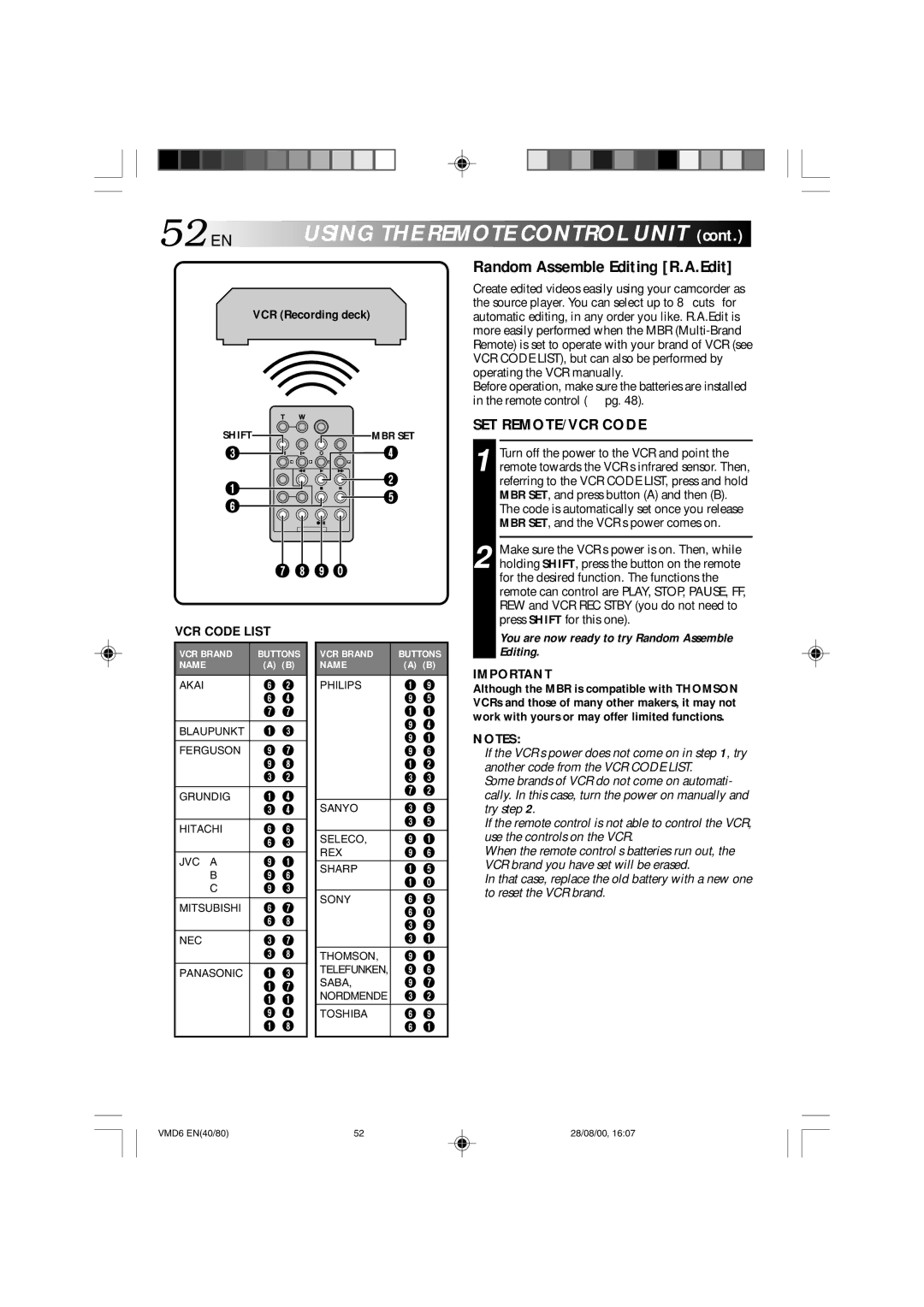 Technicolor - Thomson VMD 6 user manual 52 EN, Random Assemble Editing R.A.Edit, SET REMOTE/VCR Code 