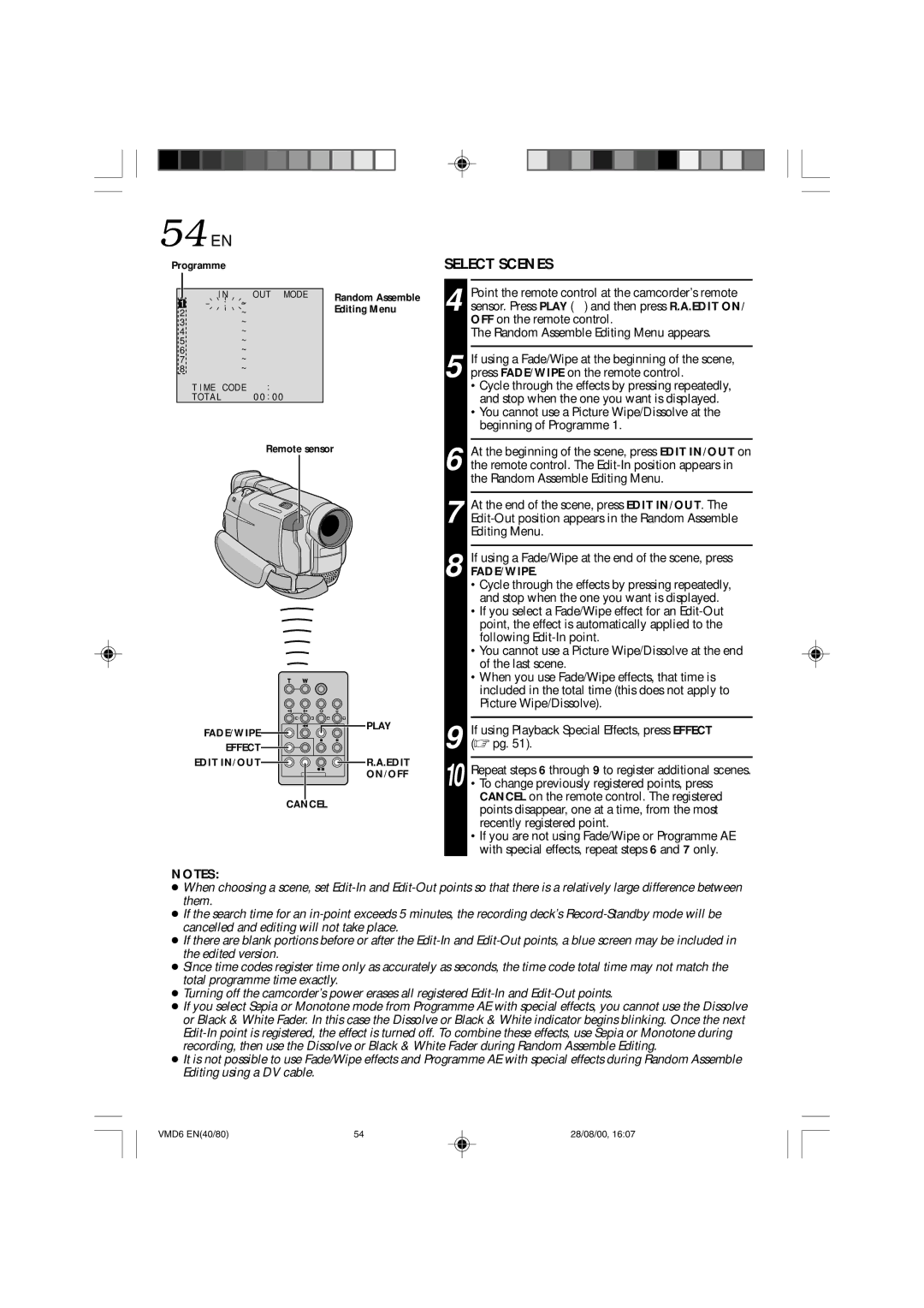 Technicolor - Thomson VMD 6 user manual 54 EN, Select Scenes, Programme, Editing Menu 