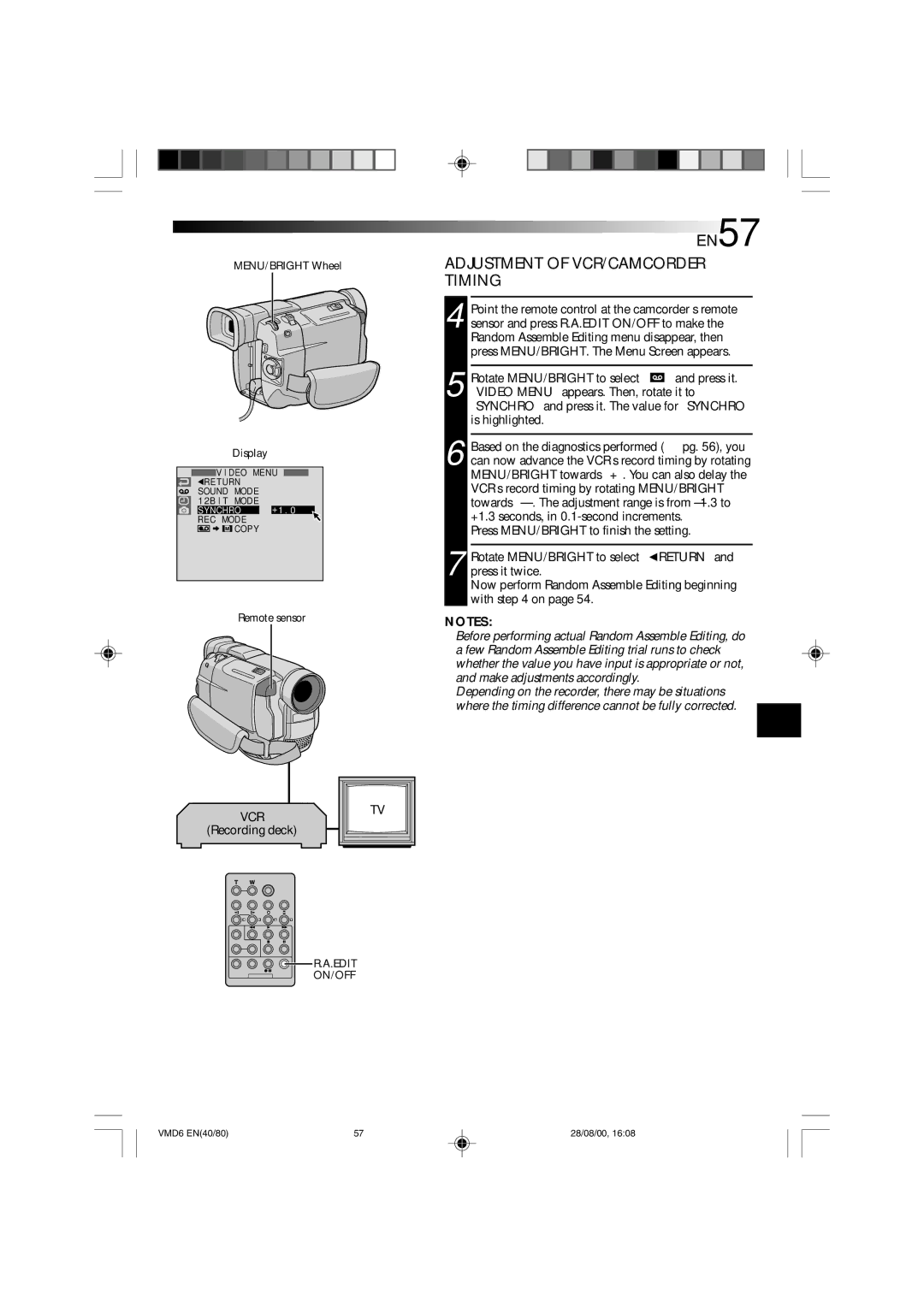 Technicolor - Thomson VMD 6 user manual Adjustment of VCR/CAMCORDER Timing, MENU/BRIGHT Wheel Display 