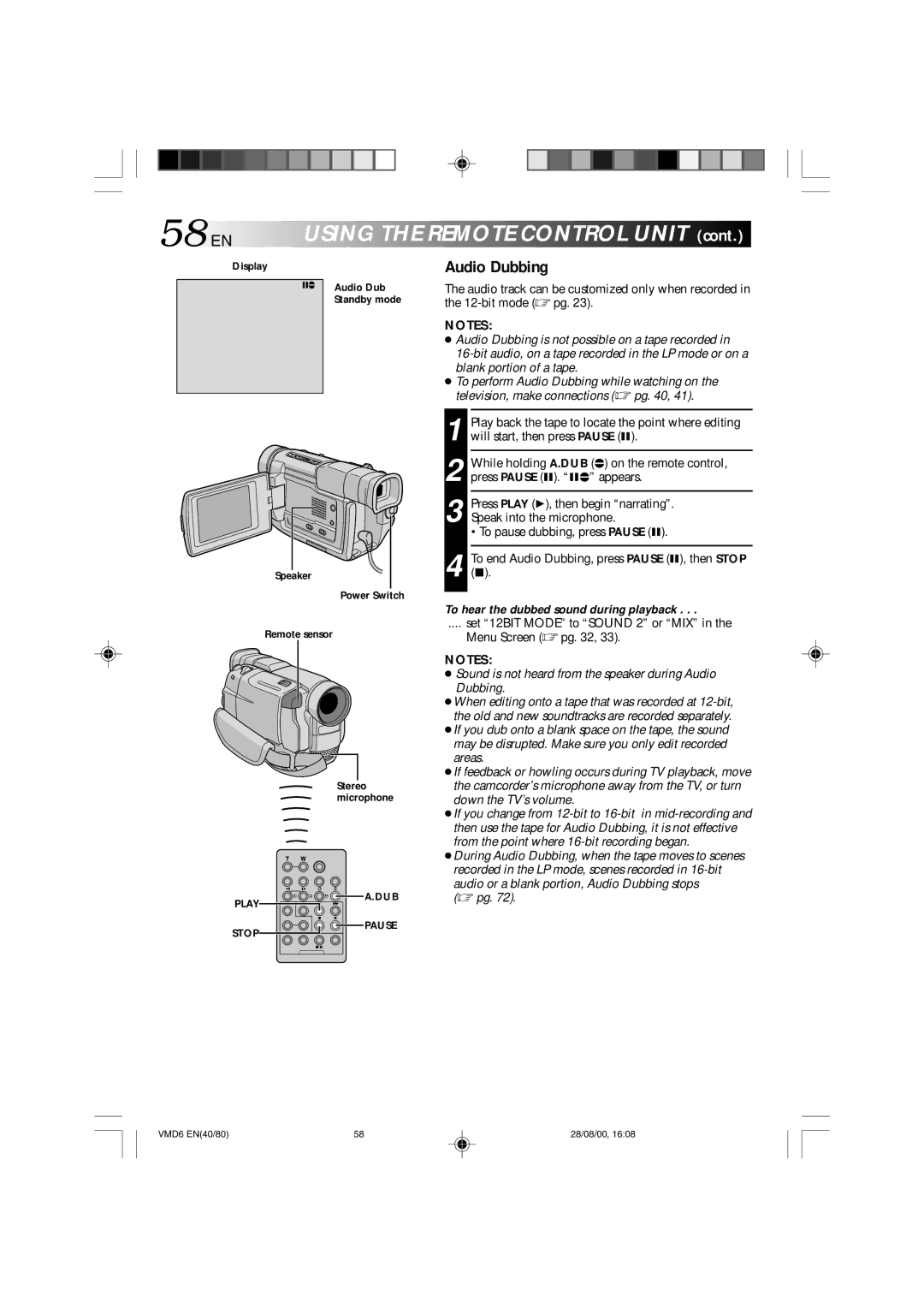 Technicolor - Thomson VMD 6 user manual 58 EN, Audio Dubbing, To hear the dubbed sound during playback 