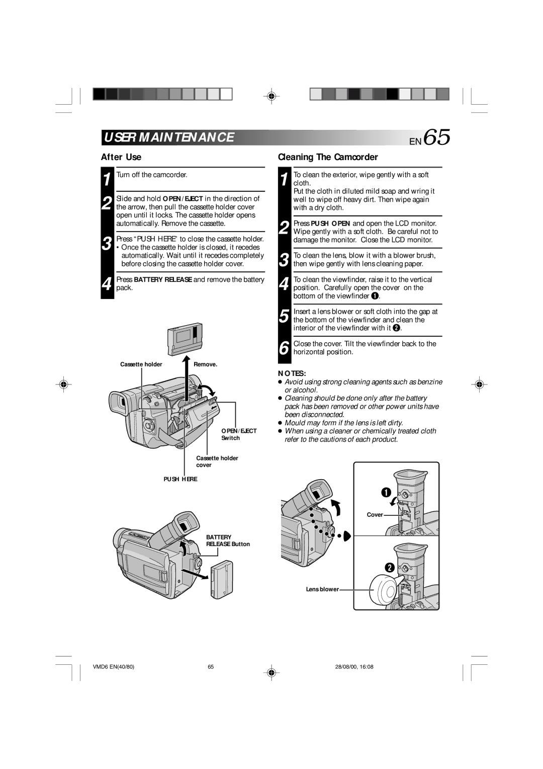 Technicolor - Thomson VMD 6 user manual After Use Cleaning The Camcorder, Turn off the camcorder 