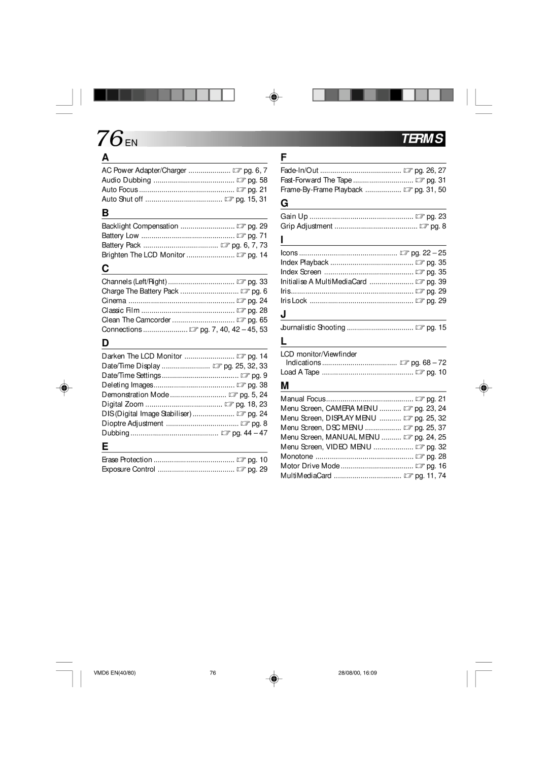 Technicolor - Thomson VMD 6 76 EN, Date/Time Display  pg , 32, Icons  pg, LCD monitor/Viewfinder  pg Indications 