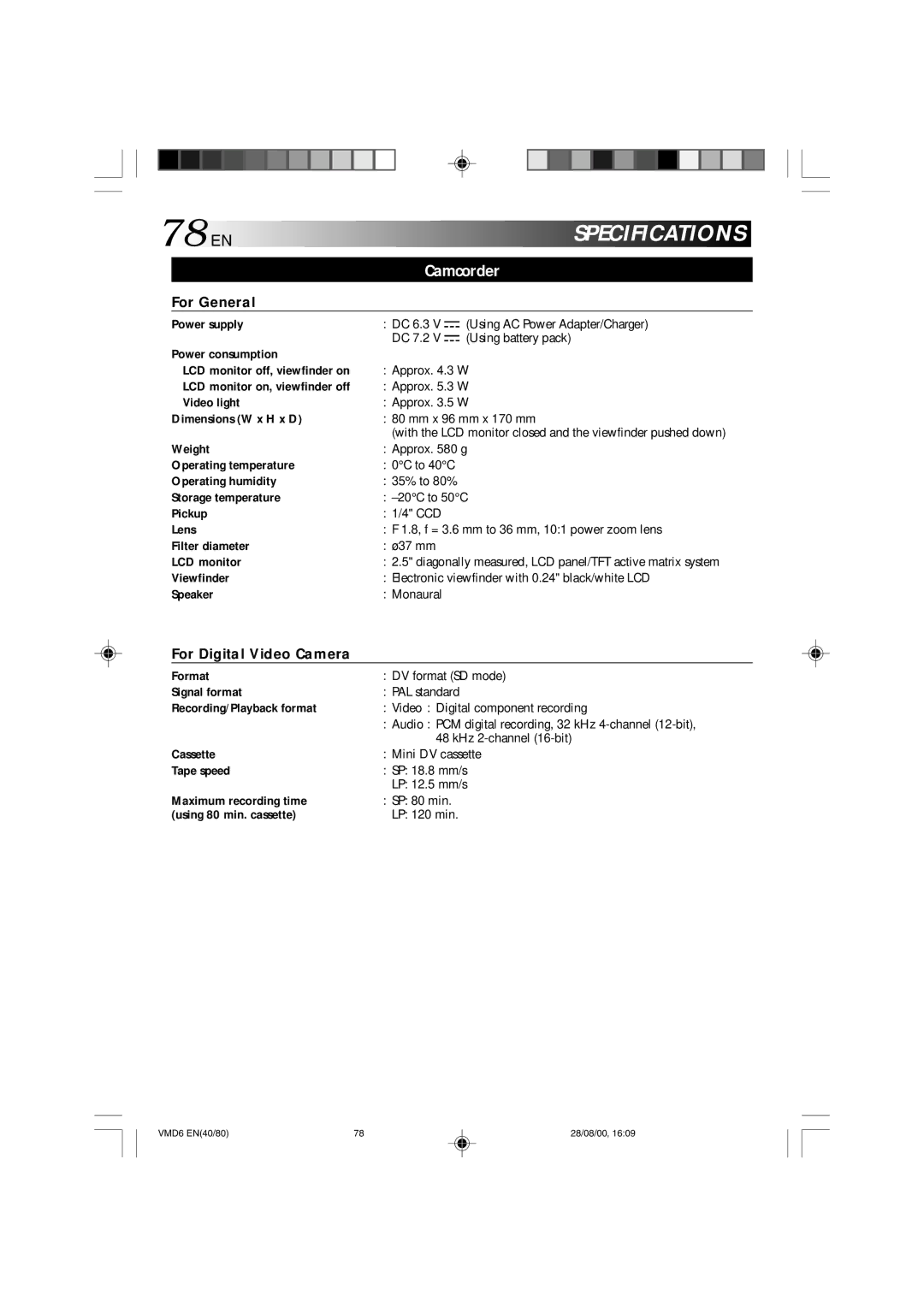 Technicolor - Thomson VMD 6 user manual 78 EN, Camcorder, For General, For Digital Video Camera 