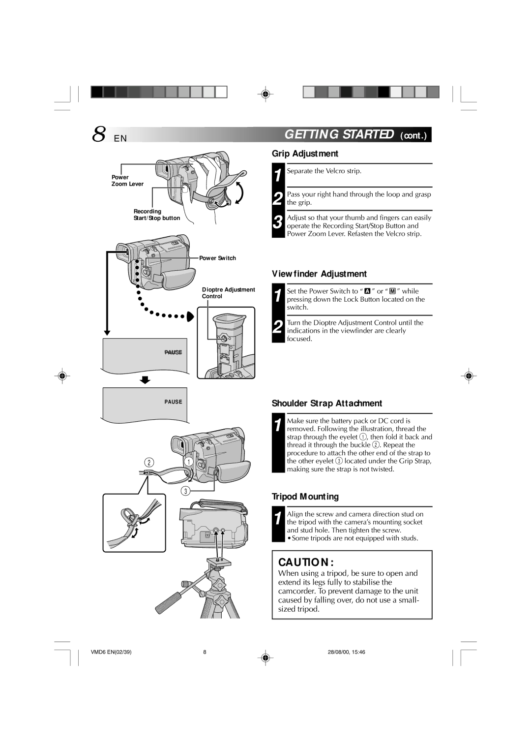 Technicolor - Thomson VMD 6 user manual Grip Adjustment, Viewfinder Adjustment, Shoulder Strap Attachment, Tripod Mounting 