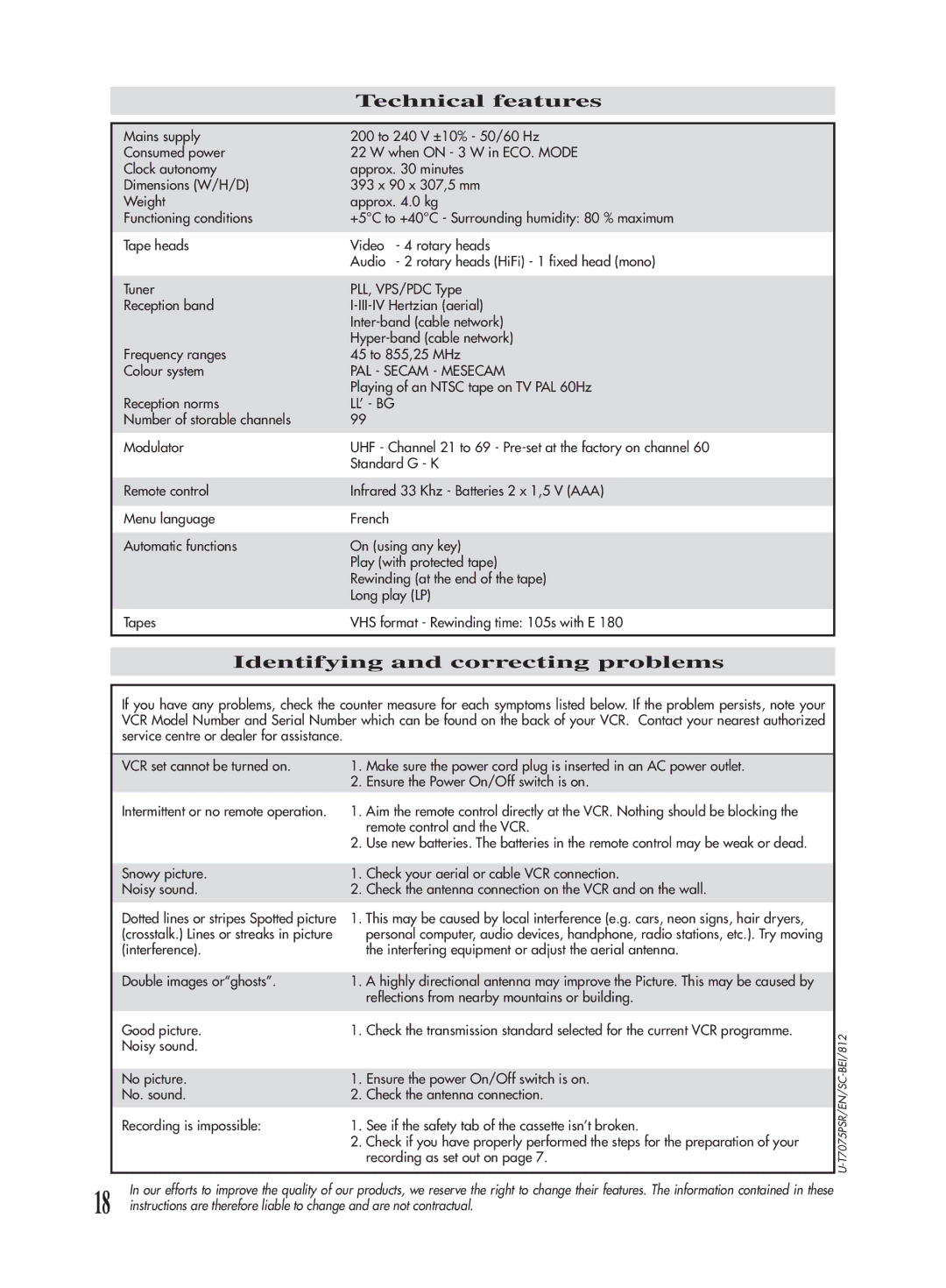 Technicolor - Thomson VPH6920F manual Technical features, Identifying and correcting problems 