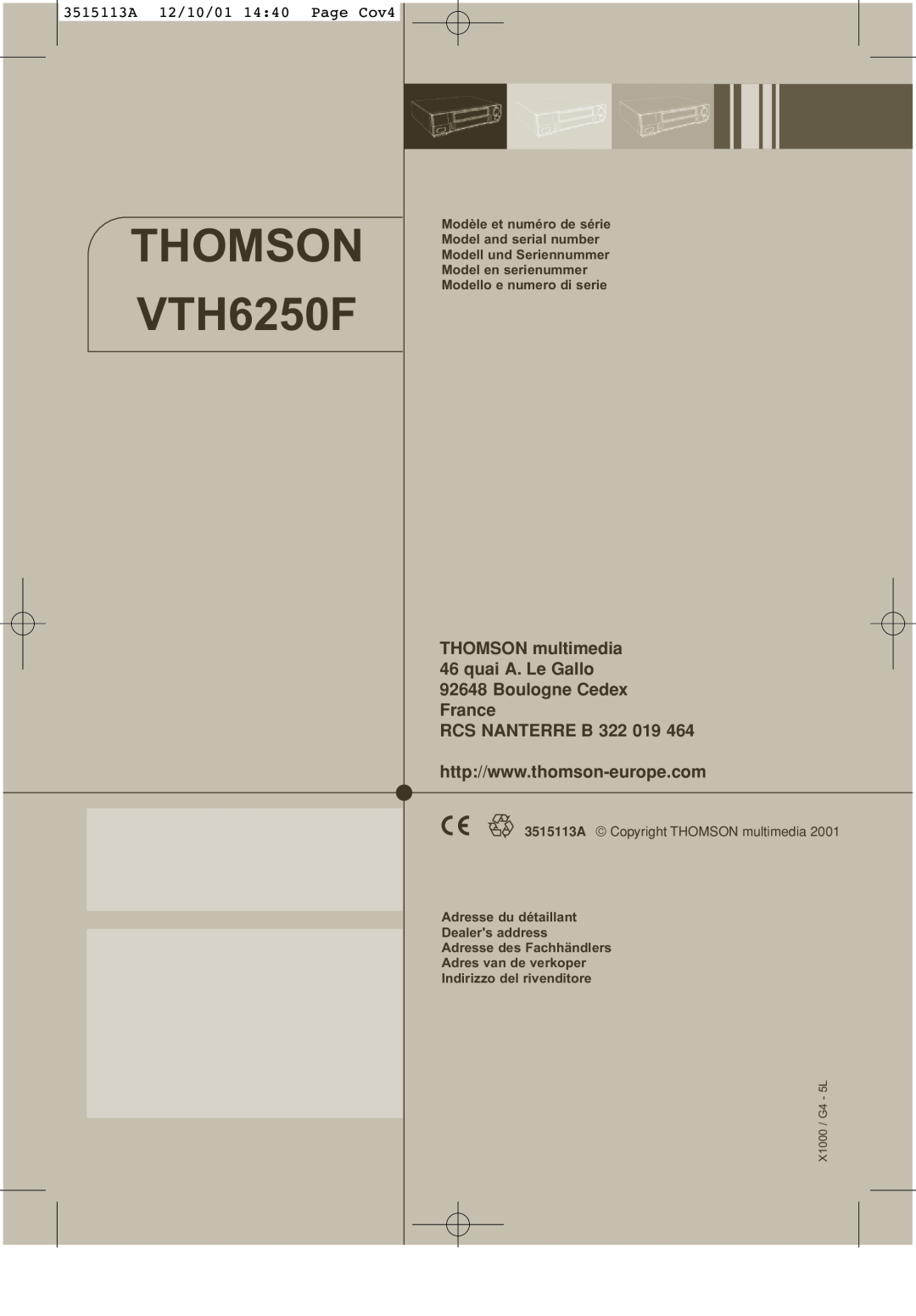 Technicolor - Thomson VTH6250F manuel dutilisation 3515113A 12/10/01 1440 Page Cov4, Thomson, RCS NANTERRE B 322 019 