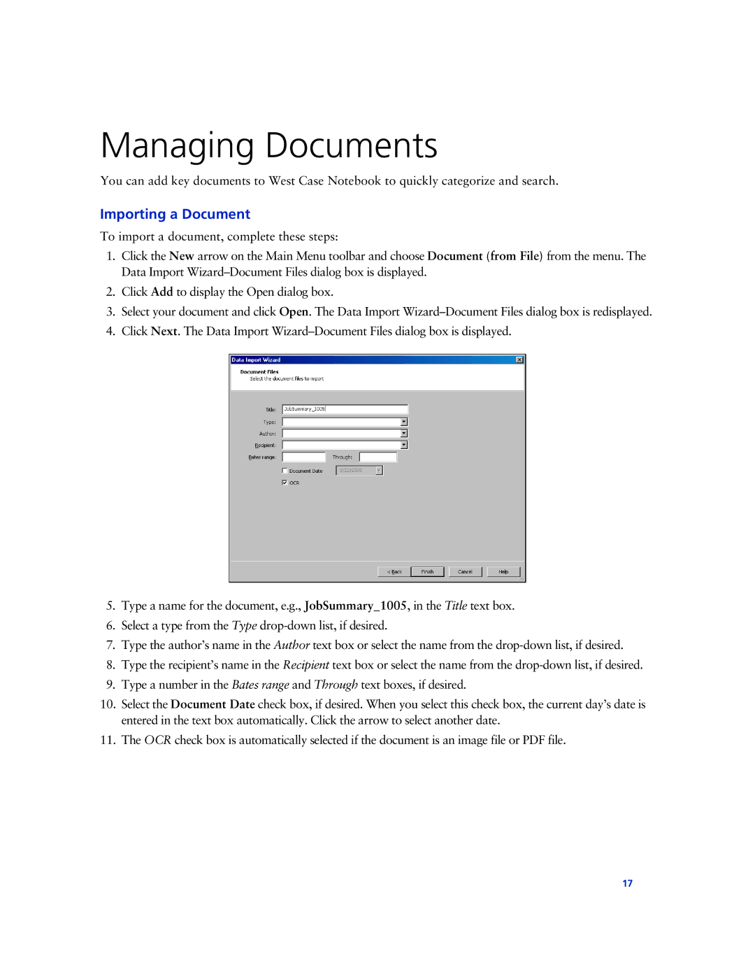 Technicolor - Thomson West Case Notebook manual Managing Documents, Importing a Document 