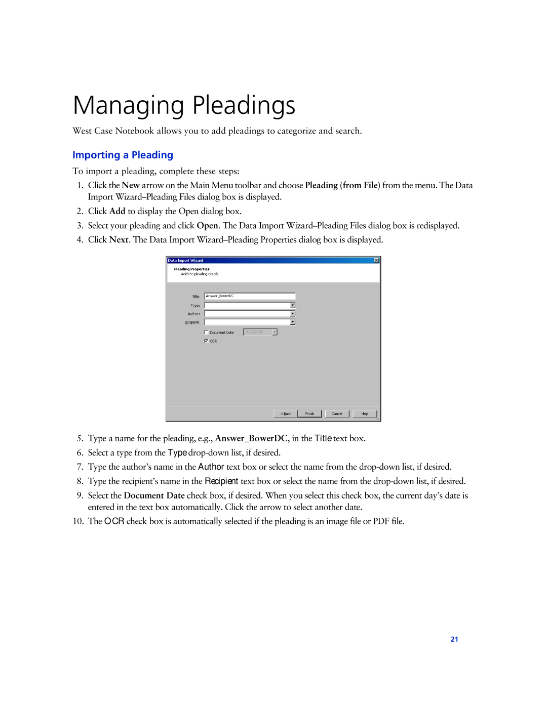 Technicolor - Thomson West Case Notebook manual Managing Pleadings, Importing a Pleading 