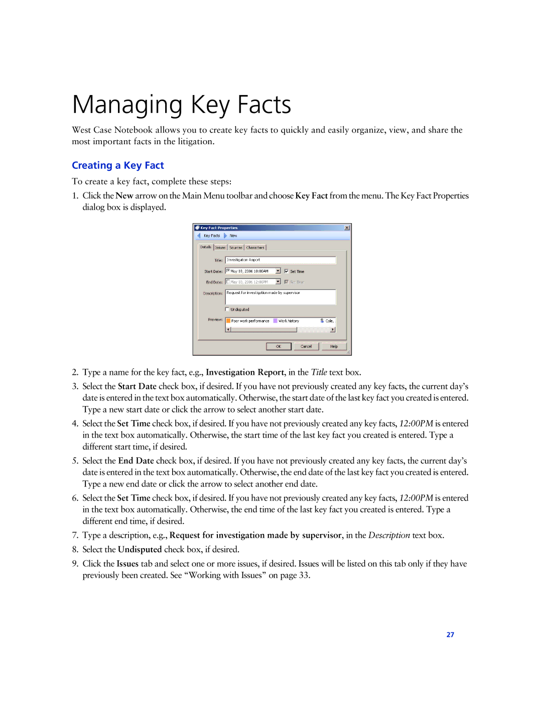 Technicolor - Thomson West Case Notebook manual Managing Key Facts, Creating a Key Fact 