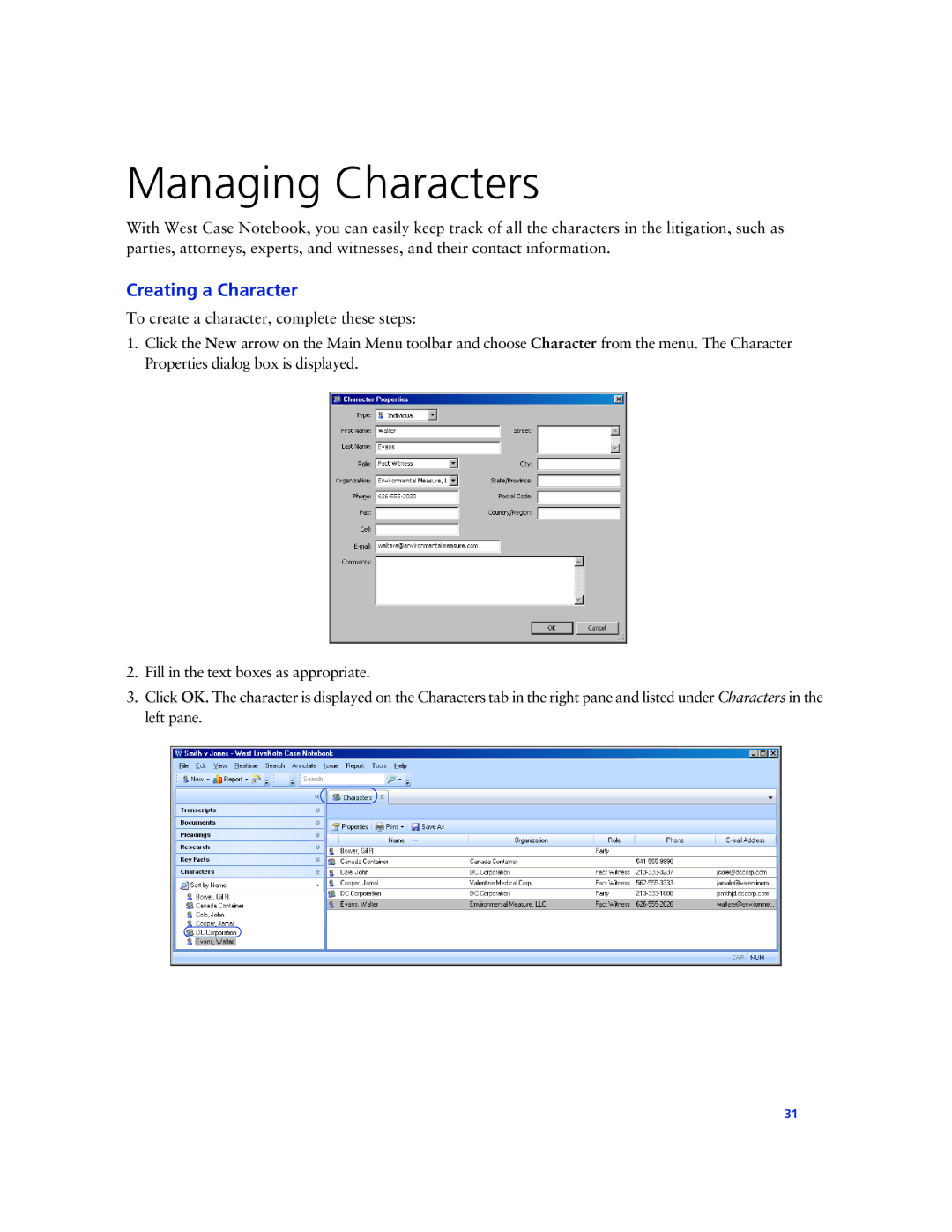 Technicolor - Thomson West Case Notebook manual Managing Characters, Creating a Character 