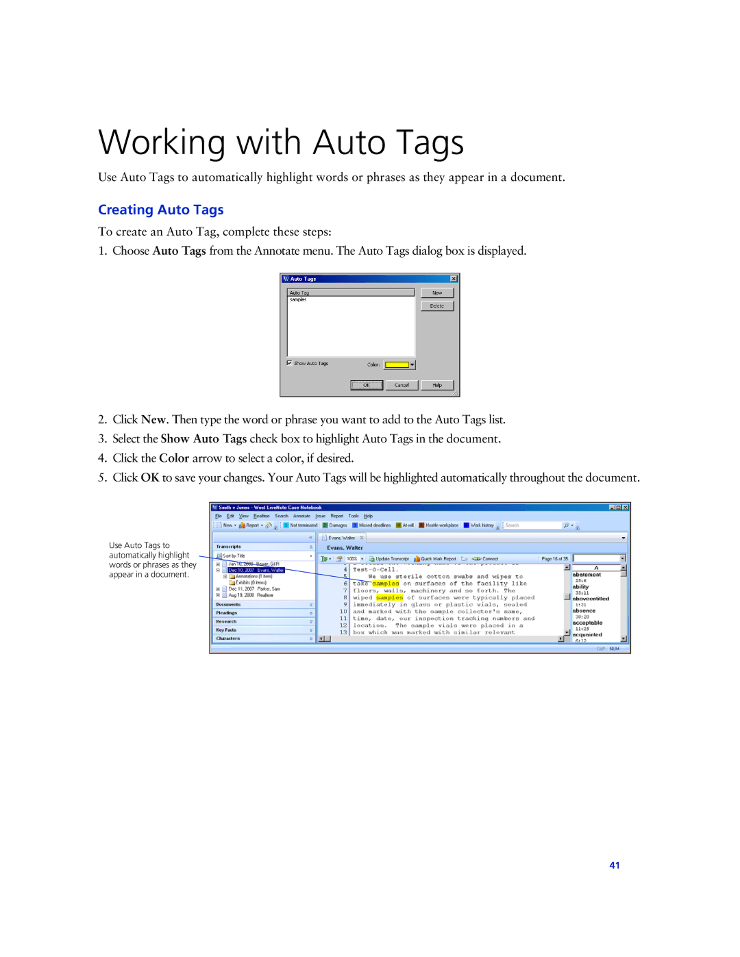 Technicolor - Thomson West Case Notebook manual Working with Auto Tags, Creating Auto Tags 