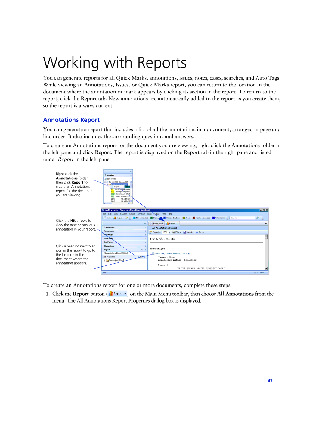 Technicolor - Thomson West Case Notebook manual Working with Reports, Annotations Report 