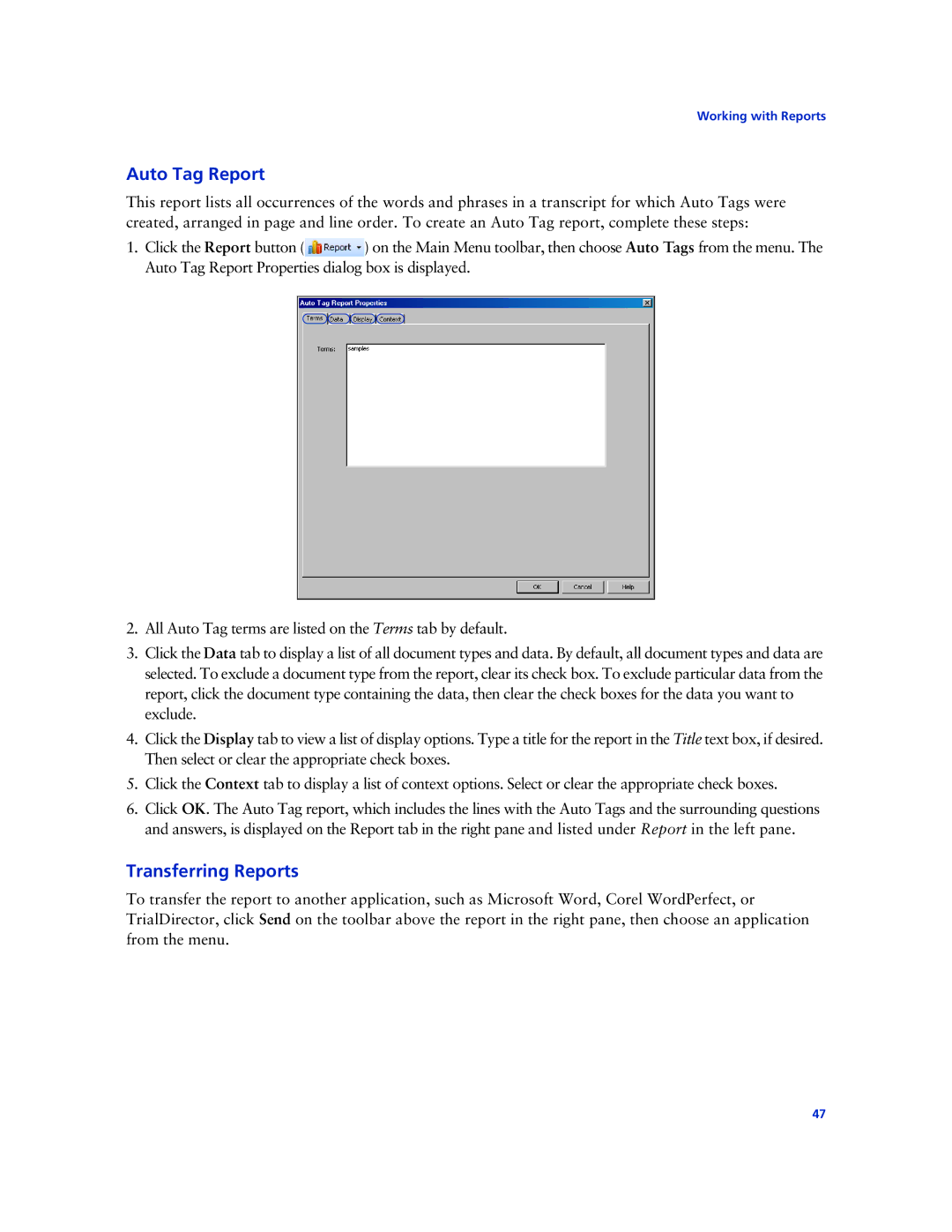 Technicolor - Thomson West Case Notebook manual Auto Tag Report, Transferring Reports 