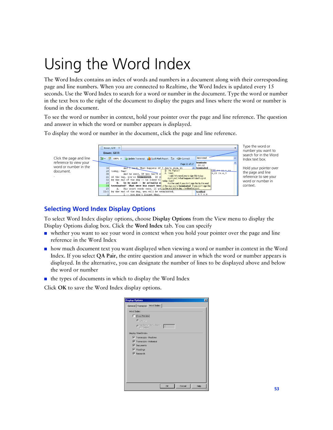 Technicolor - Thomson West Case Notebook manual Using the Word Index, Selecting Word Index Display Options 