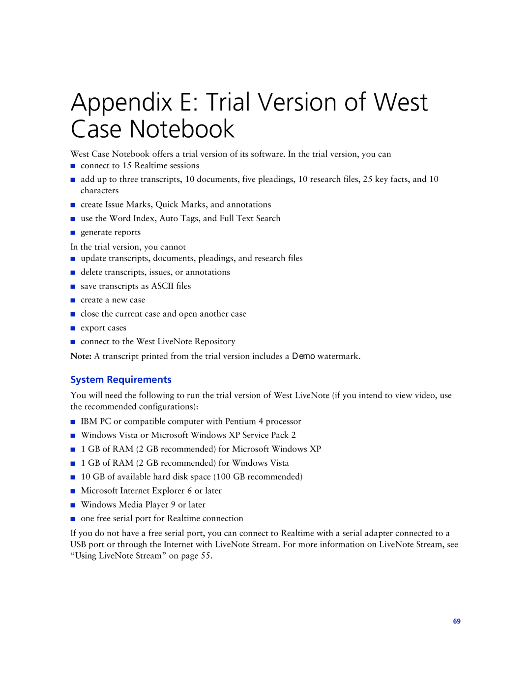 Technicolor - Thomson manual Appendix E Trial Version of West Case Notebook, System Requirements 