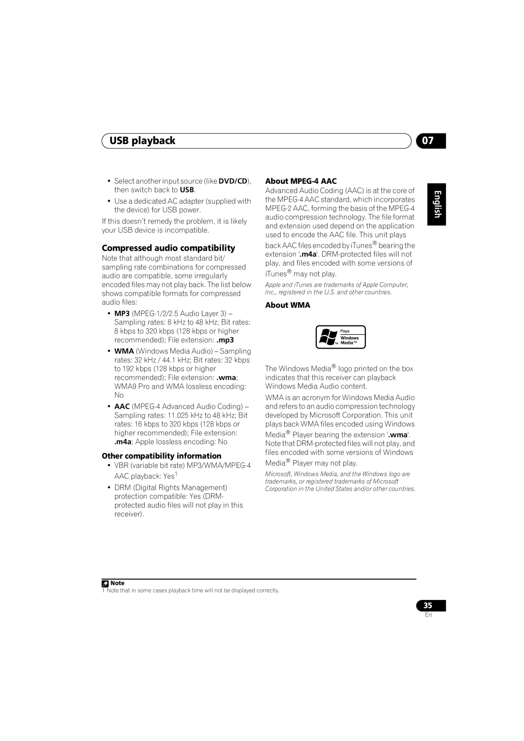 Technicolor - Thomson XRB3059-A USB playback, Compressed audio compatibility, Other compatibility information, About WMA 