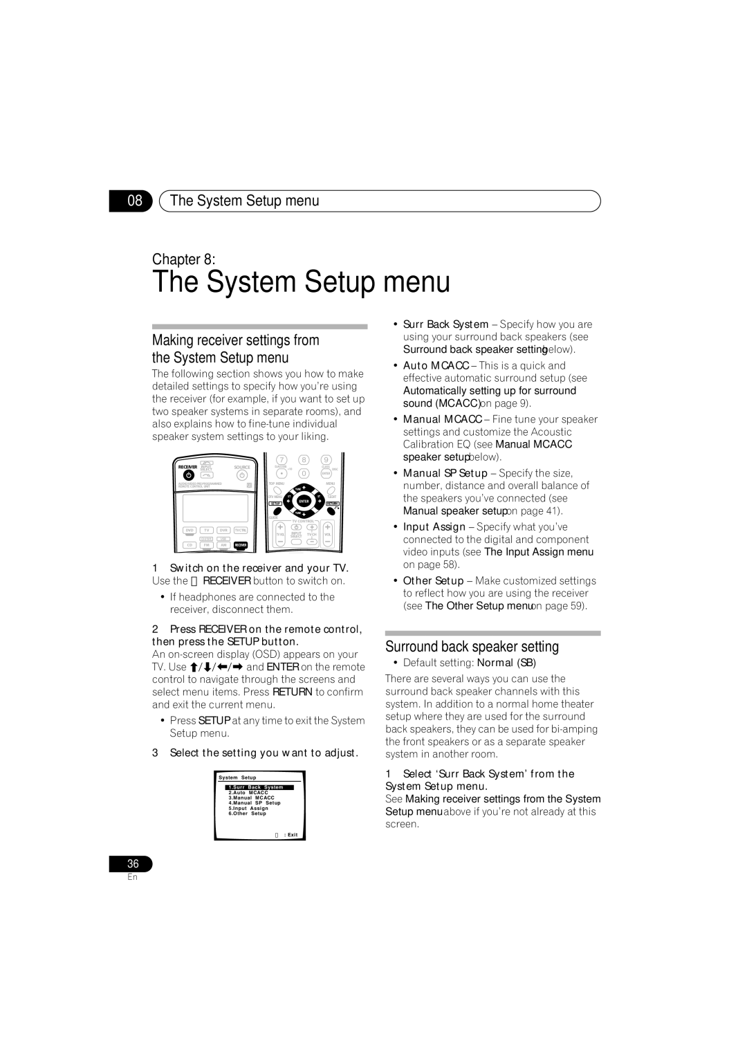 Technicolor - Thomson XRB3059-A operating instructions System Setup menu Chapter, Surround back speaker setting 