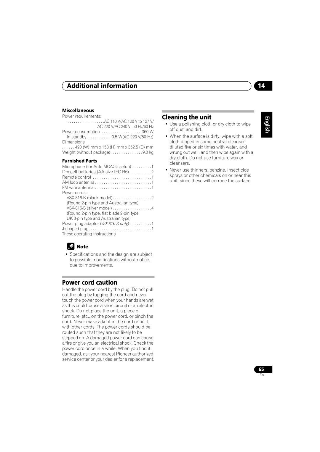 Technicolor - Thomson XRB3059-A Power cord caution, Cleaning the unit, Miscellaneous, Furnished Parts 