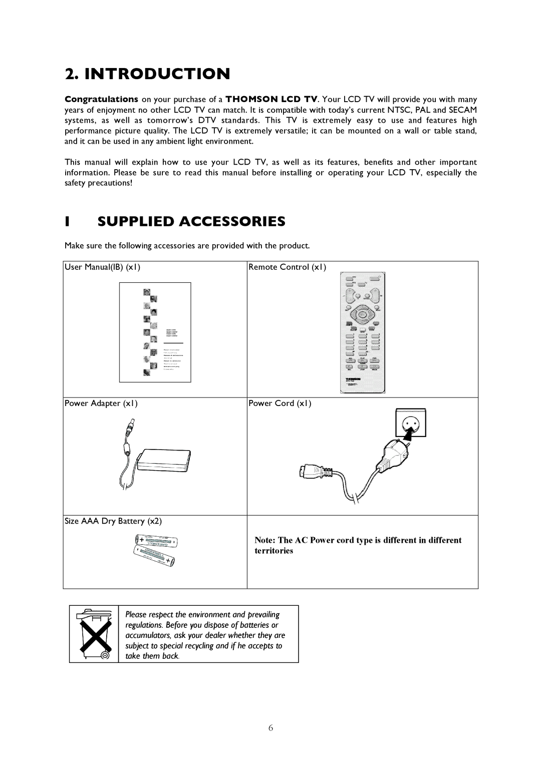 Technicolor - Thomson AV1RGB, YPrPb, PC, YCrCb, AV2-S important safety instructions Introduction, Supplied Accessories 