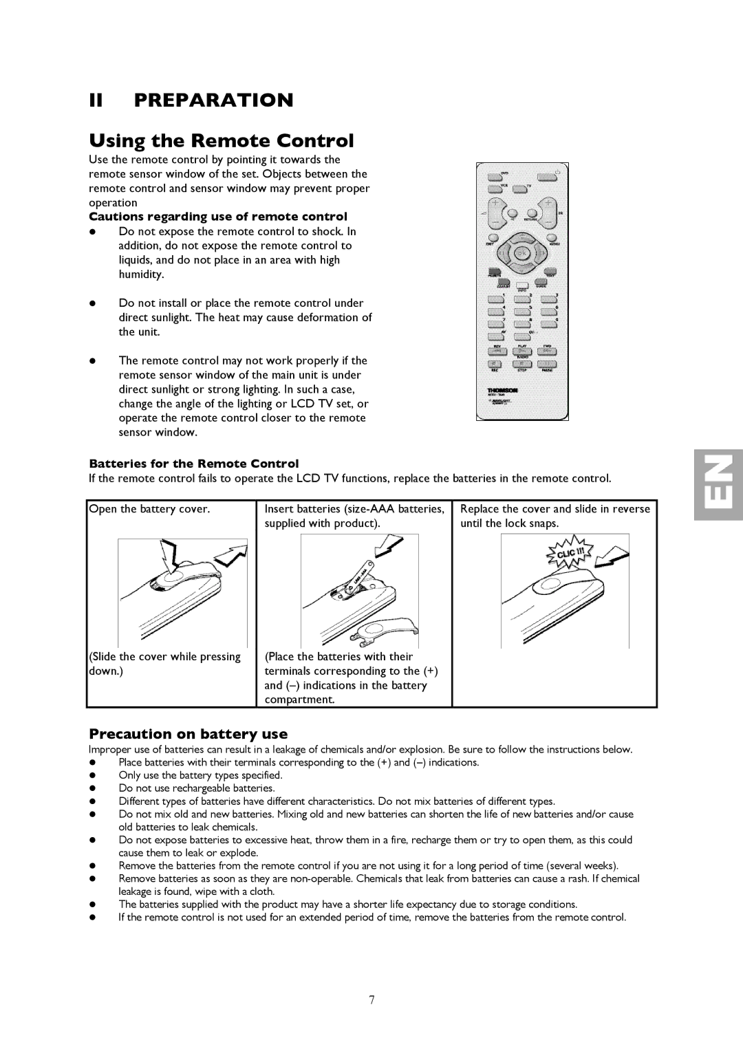 Technicolor - Thomson YPrPb, PC, YCrCb, AV2-S II Preparation, Precaution on battery use, Batteries for the Remote Control 