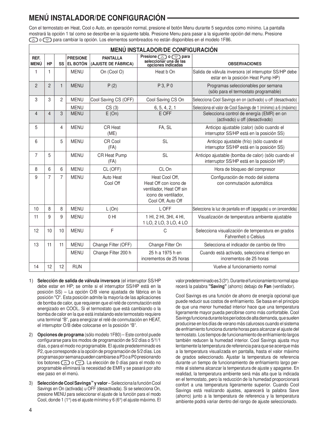 Technics 1F80-0471 specifications Menú INSTALADOR/DE Configuración, Para 