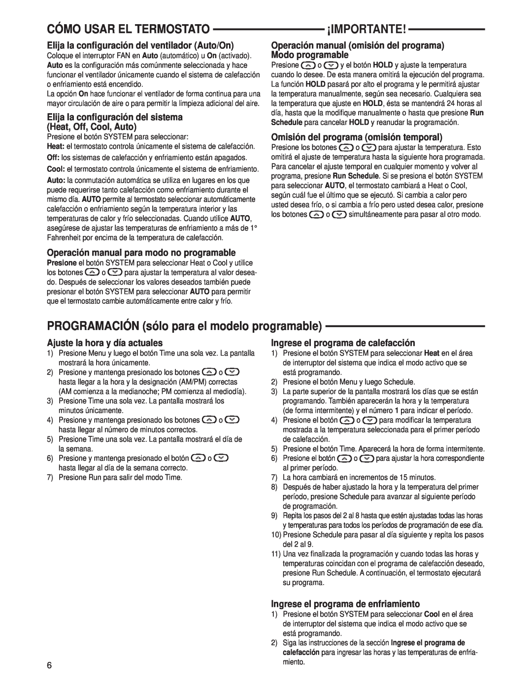 Technics 1F80-0471 specifications Cómo Usar El Termostato, ¡Importante, PROGRAMACIÓN sólo para el modelo programable 