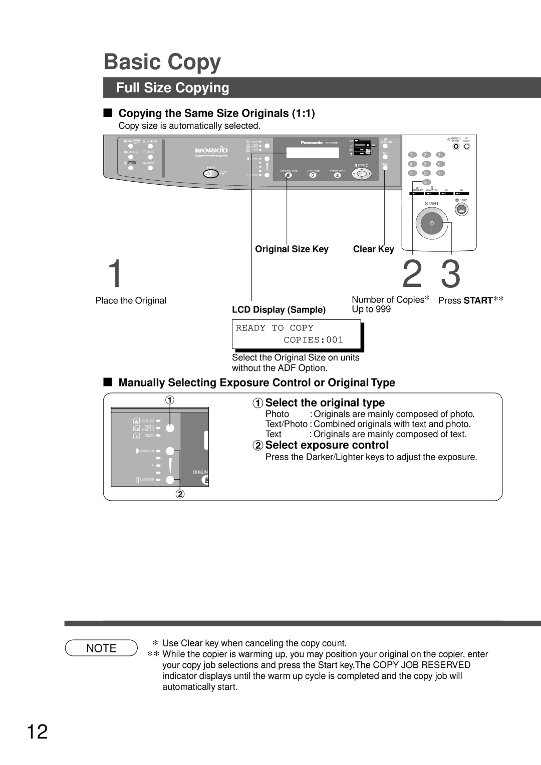 Technics DP-1810P manual Basic Copy, Full Size Copying, Copying the Same Size Originals, $Select exposure control 