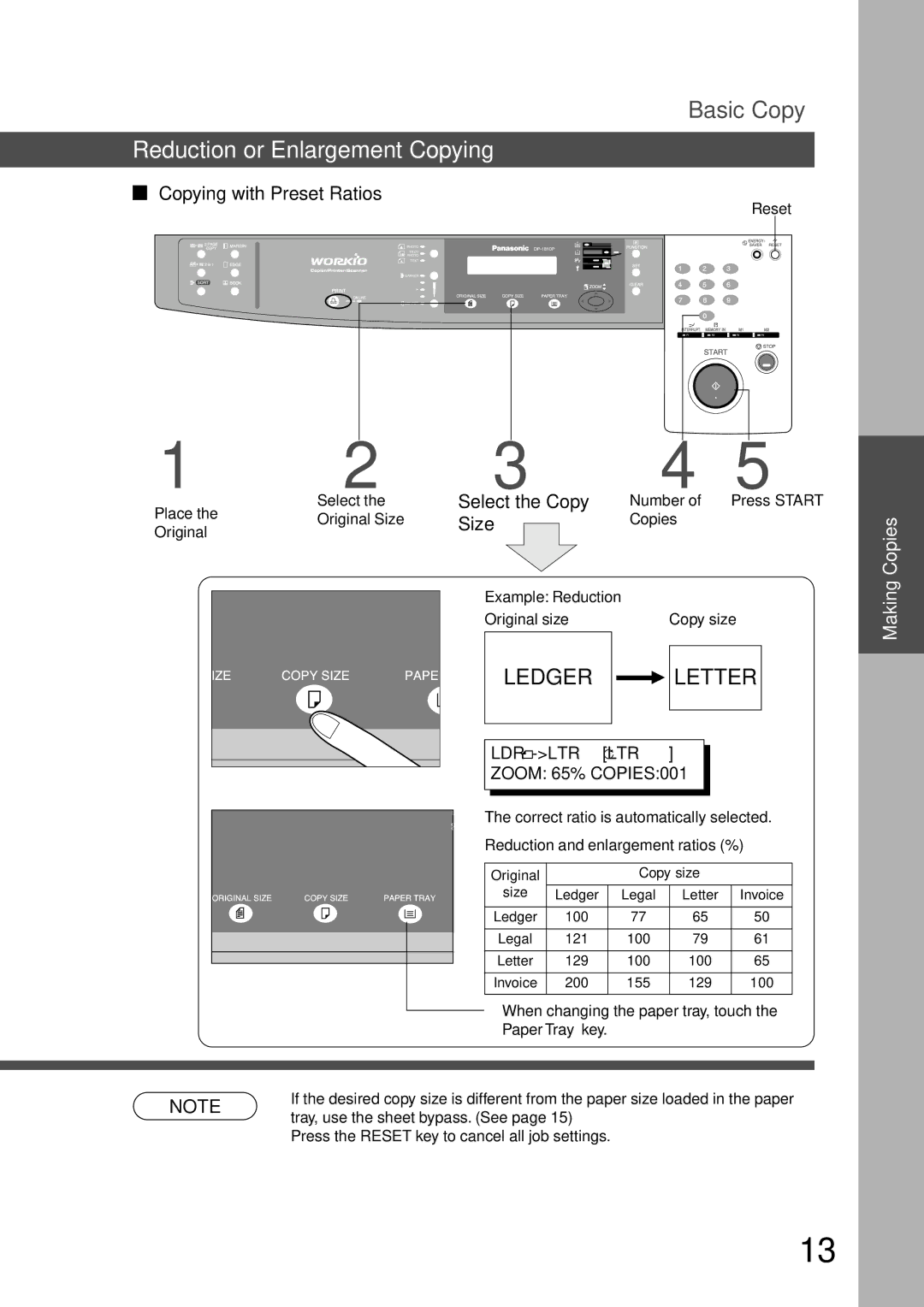 Technics DP-1810P manual Reduction or Enlargement Copying, Copying with Preset Ratios, Reset, Original Size 